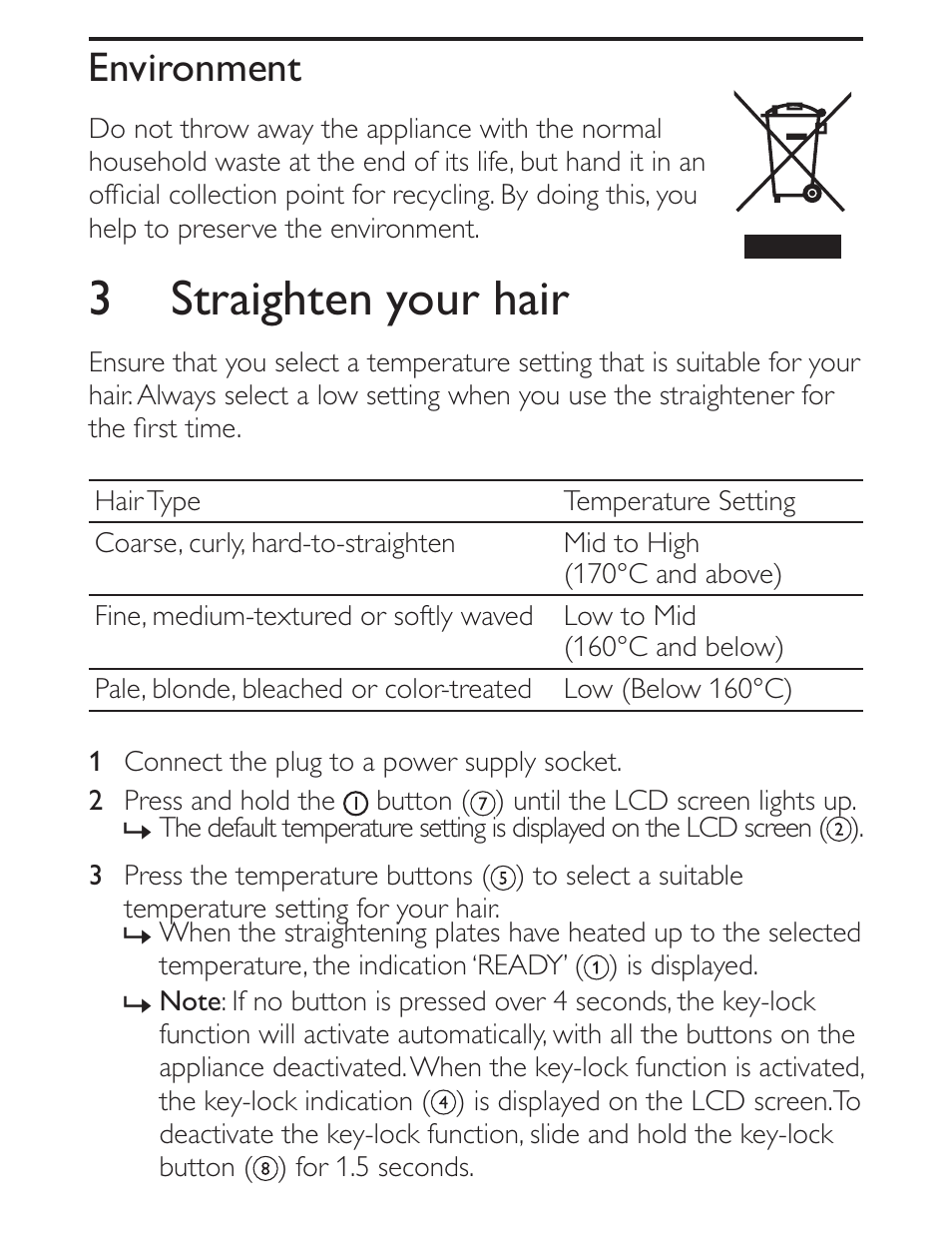 3 straighten your hair, Environment | Philips Straightener HP8339-00 ProCare User Manual | Page 6 / 10