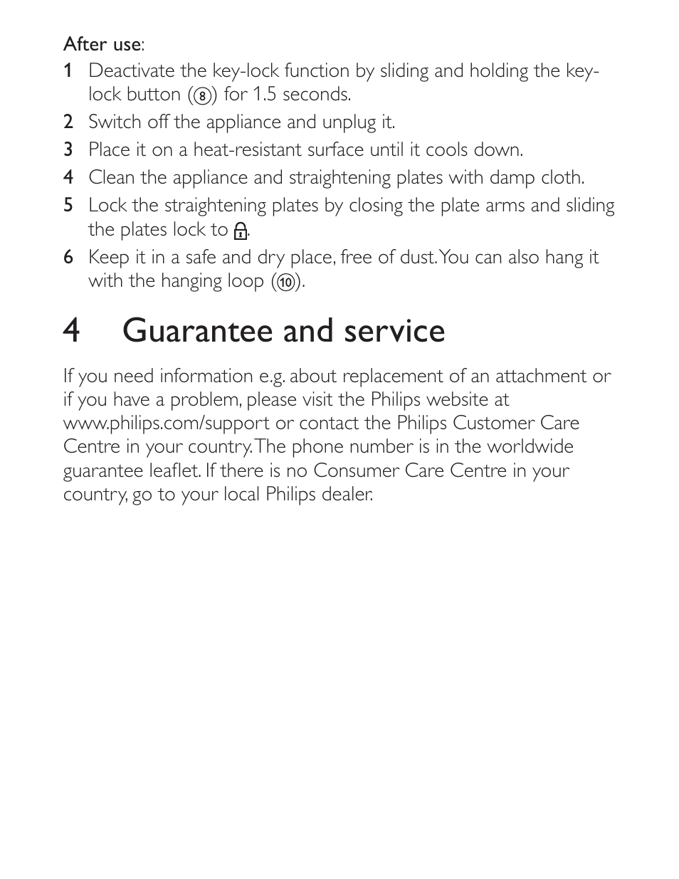 4 guarantee and service | Philips Straightener HP8339-00 ProCare User Manual | Page 8 / 10