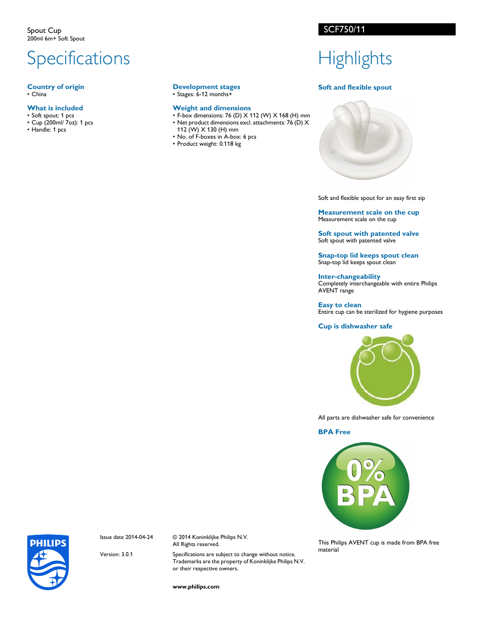 Specifications, Highlights | Philips SCF750-11 User Manual | Page 2 / 2