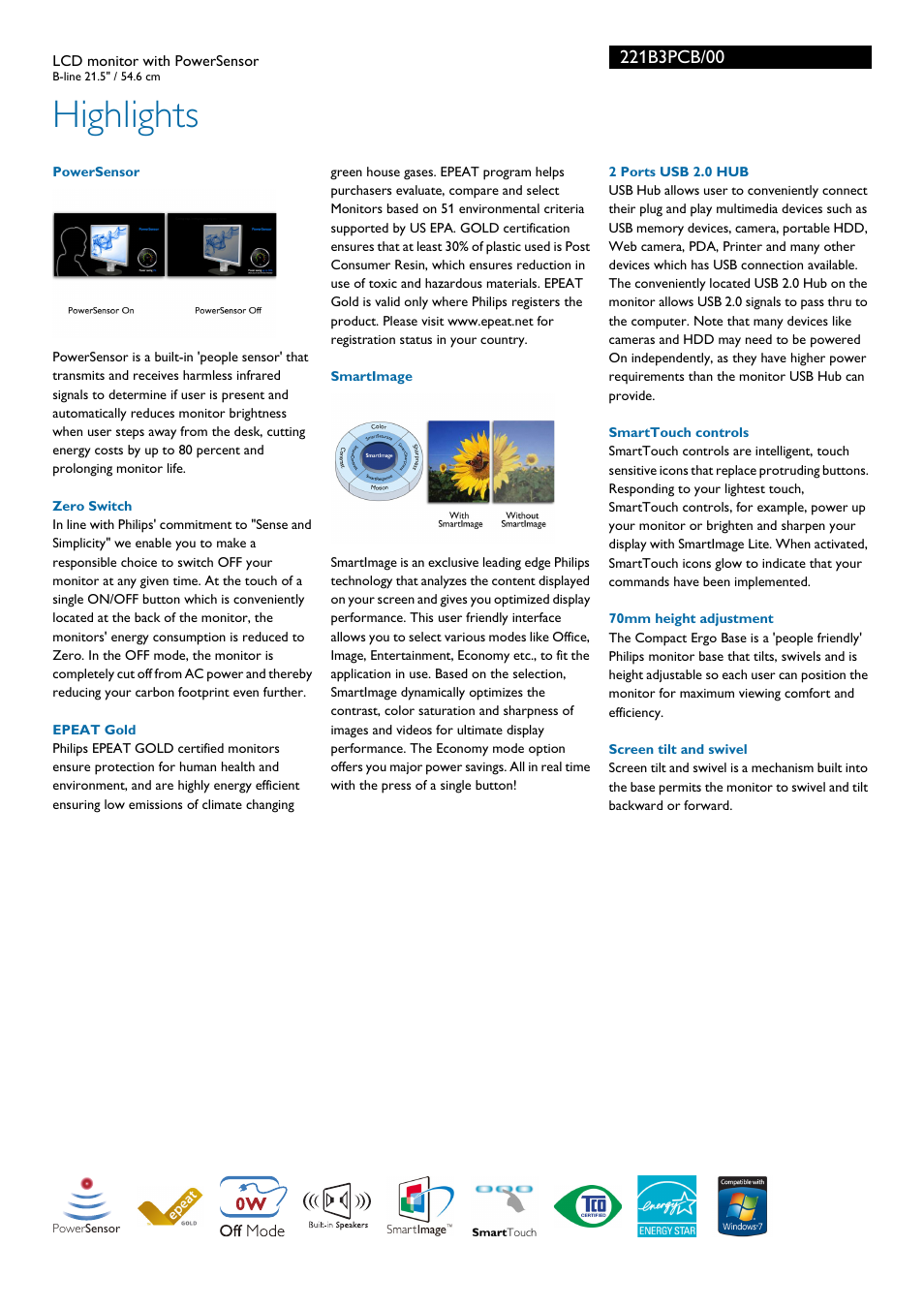 Highlights | Philips 221B3PCB-00 User Manual | Page 2 / 3