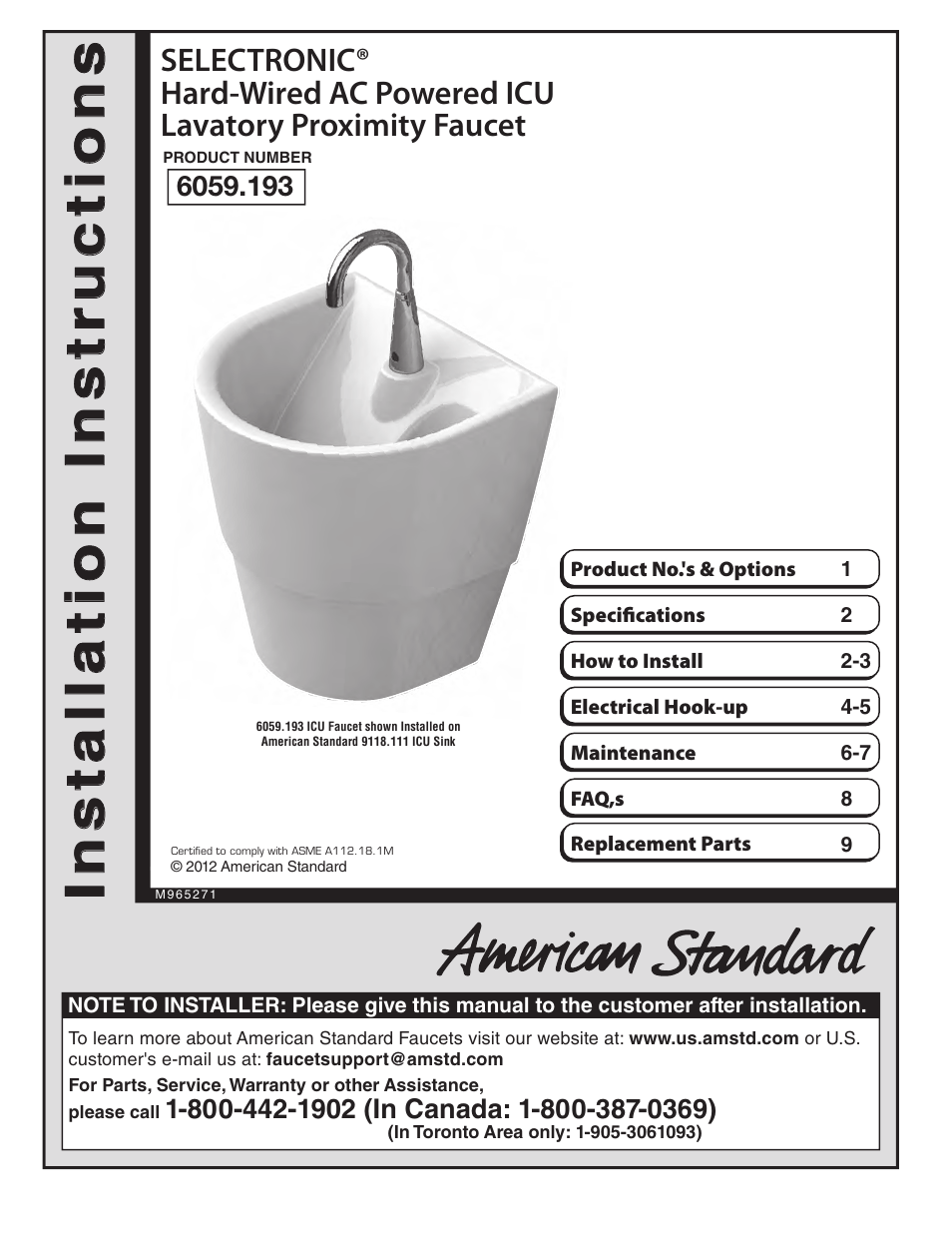 American Standard SELECTRONIC Hard-Wired AC Powered ICU Lavatory Proximity Faucet 6059.193 User Manual | 9 pages