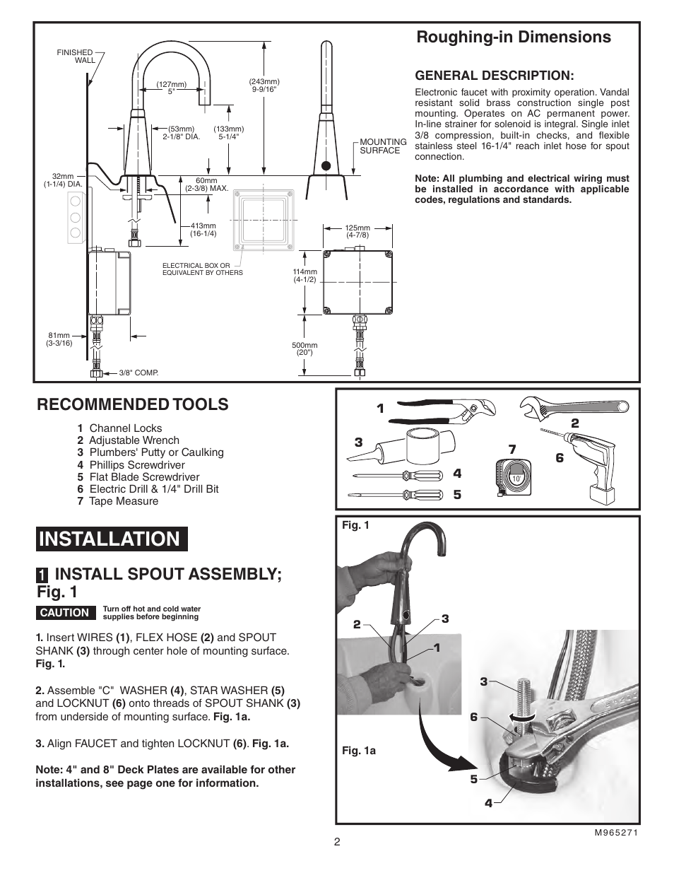 Installation, Recommended tools, Install spout assembly; fig. 1 | Roughing-in dimensions, General description | American Standard SELECTRONIC Hard-Wired AC Powered ICU Lavatory Proximity Faucet 6059.193 User Manual | Page 3 / 9