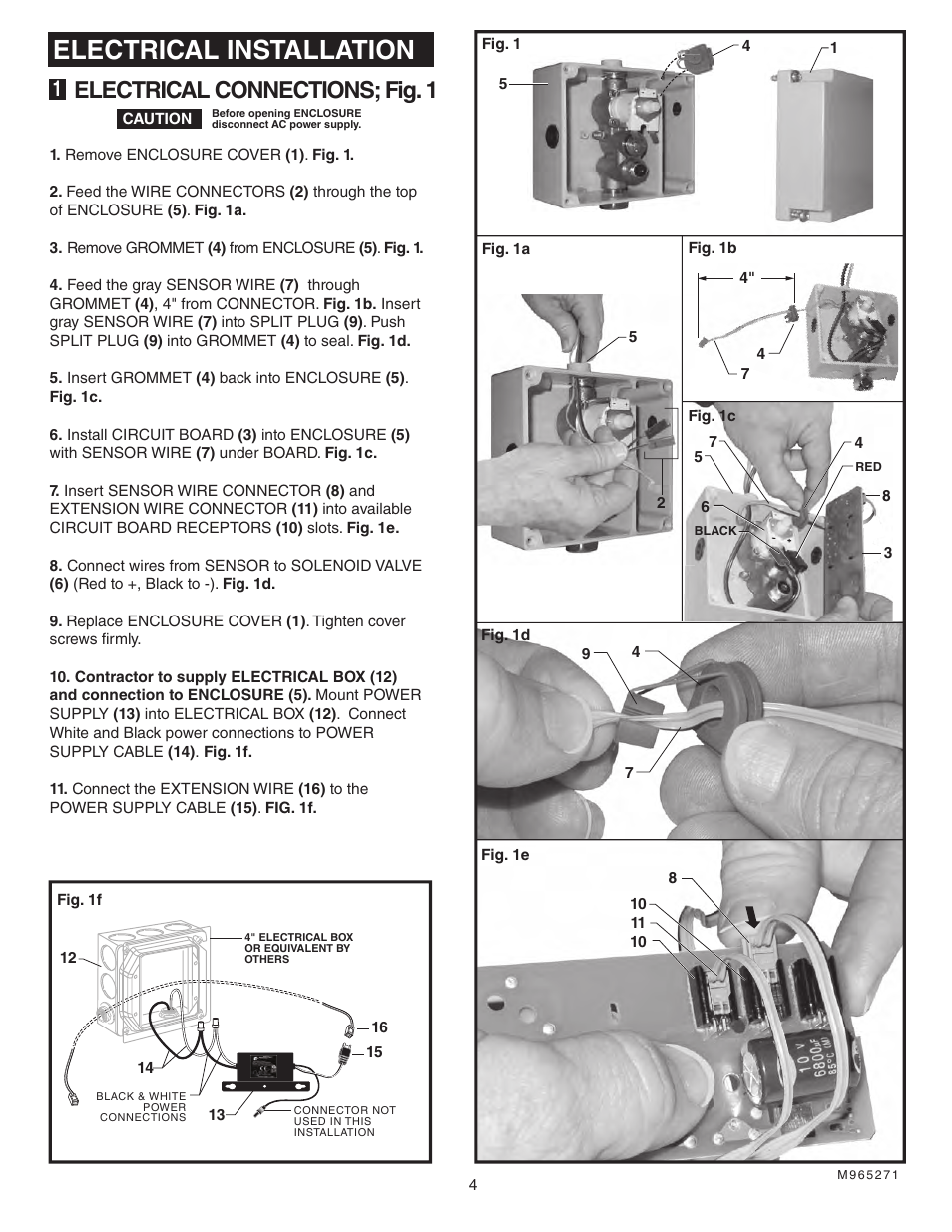 Electrical installation, Electrical connections; fig. 1 | American Standard SELECTRONIC Hard-Wired AC Powered ICU Lavatory Proximity Faucet 6059.193 User Manual | Page 5 / 9