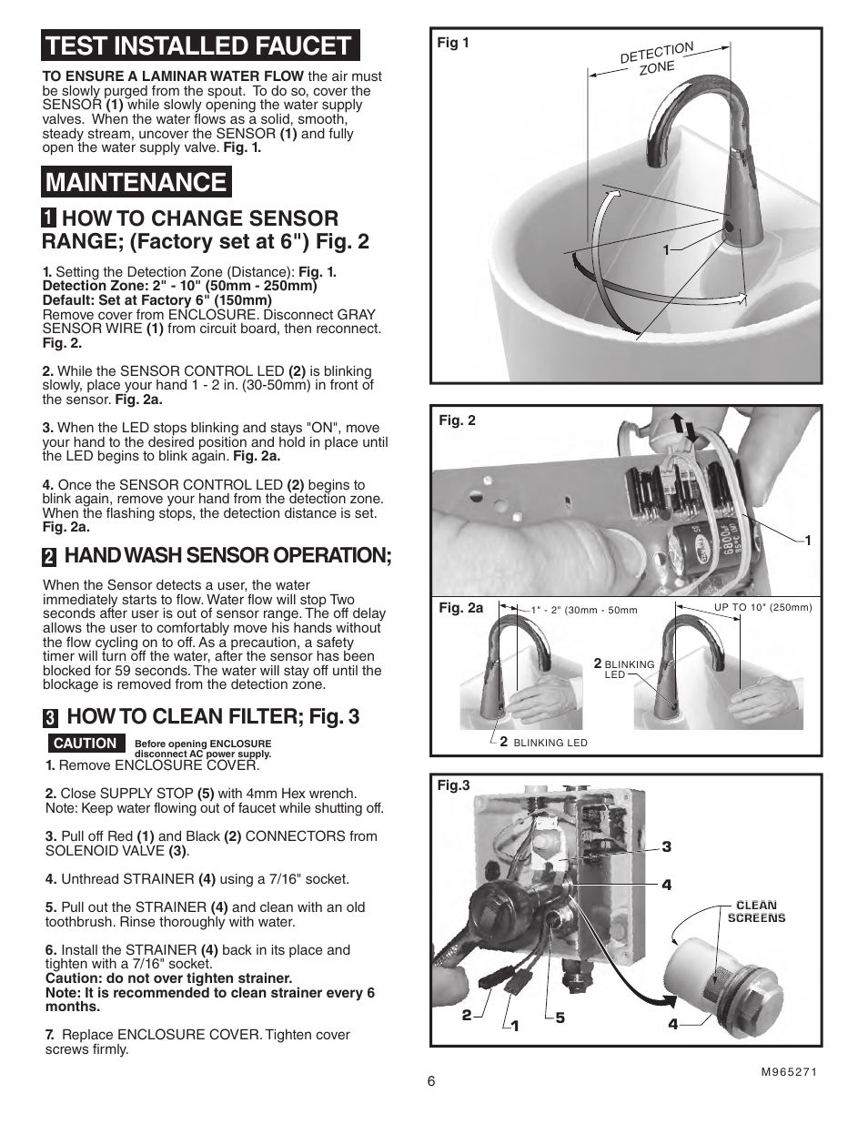 Test installed faucet, Maintenance, How to clean filter; fig. 3 | Hand wash sensor operation | American Standard SELECTRONIC Hard-Wired AC Powered ICU Lavatory Proximity Faucet 6059.193 User Manual | Page 7 / 9