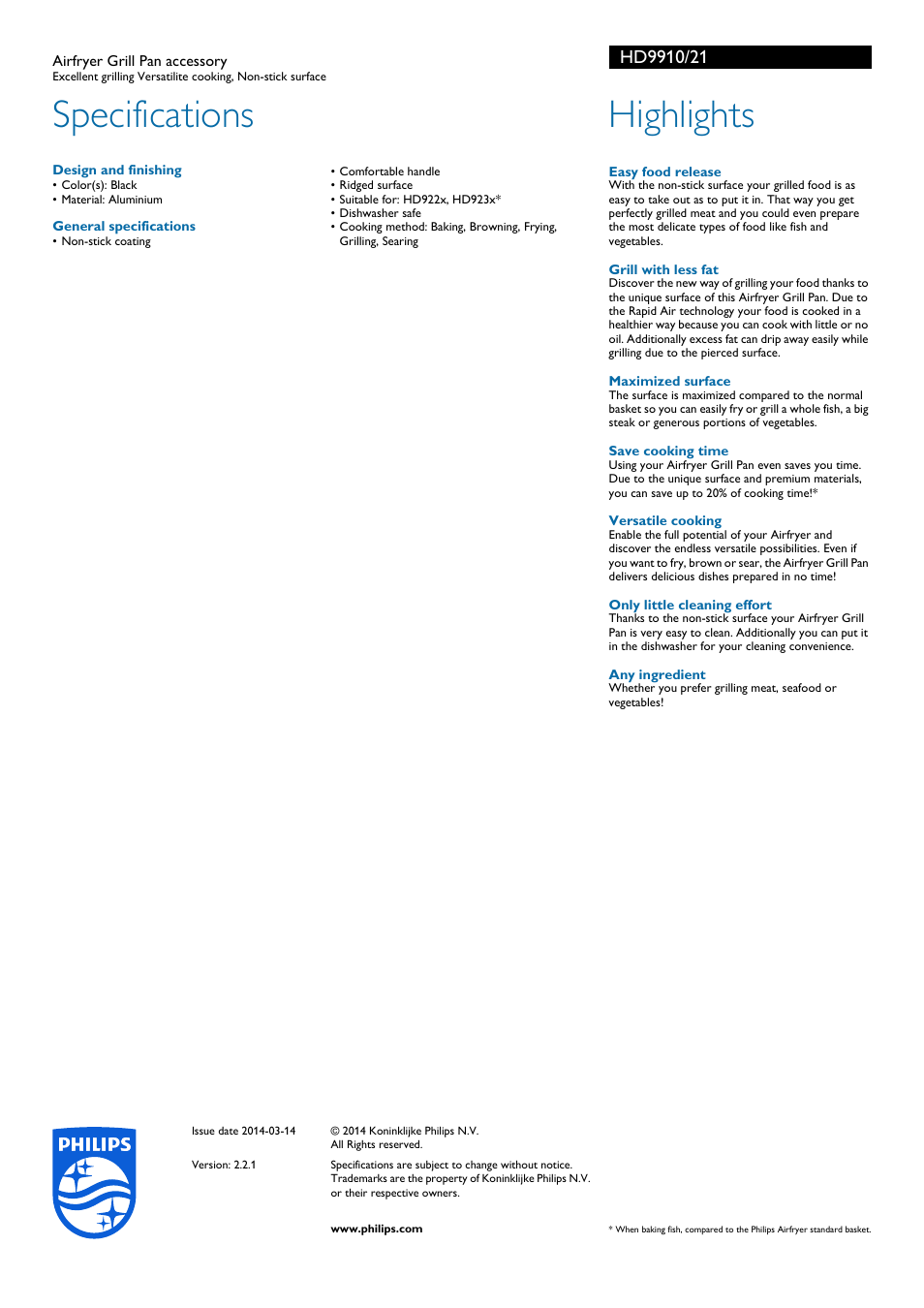 Specifications, Highlights | Philips HD9910-21 User Manual | Page 2 / 2