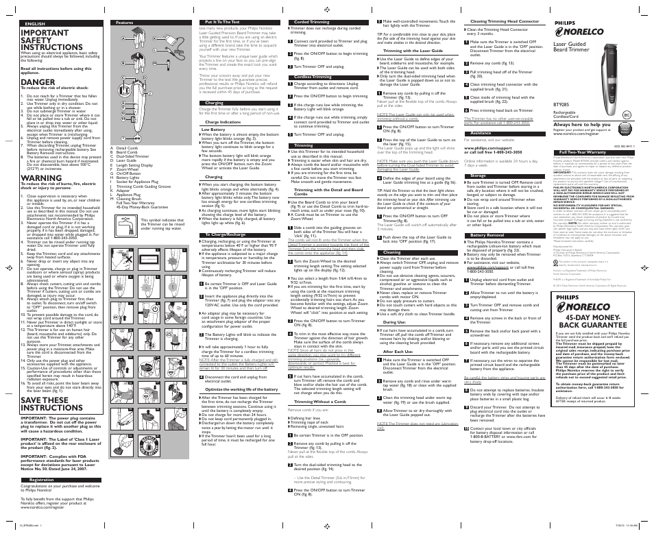Philips Norelco BeardTrimmer 9100 Series 9000 laser-guided beard trimmer BT9285-41 0.2mm precision settings Full metal dual-sided trimmer 60mins cordless use-1h charge with laser guide with World's first laser guide User Manual | 2 pages
