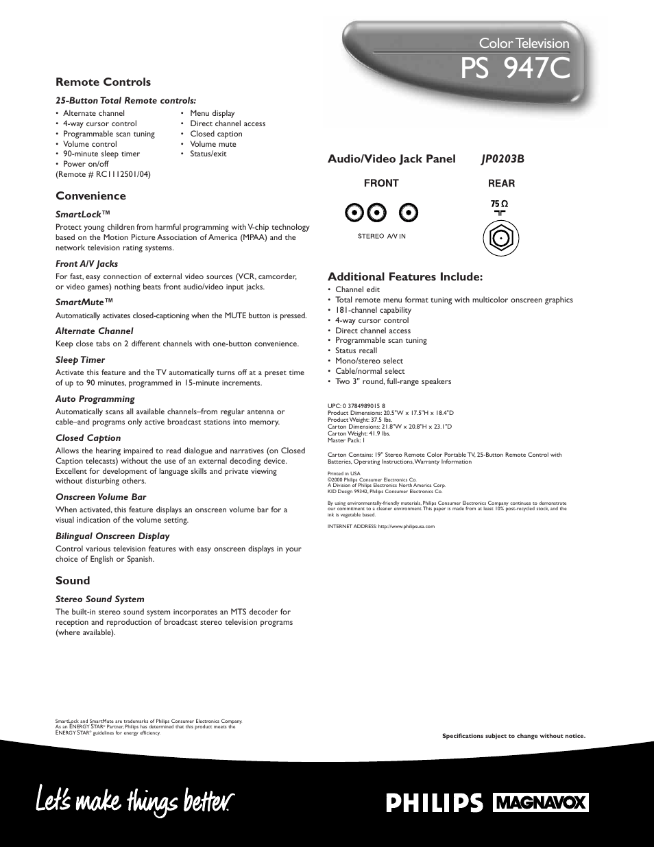 Ps 1 947c, Color television, Remote controls | Convenience, Sound | Philips PS1947C User Manual | Page 2 / 2