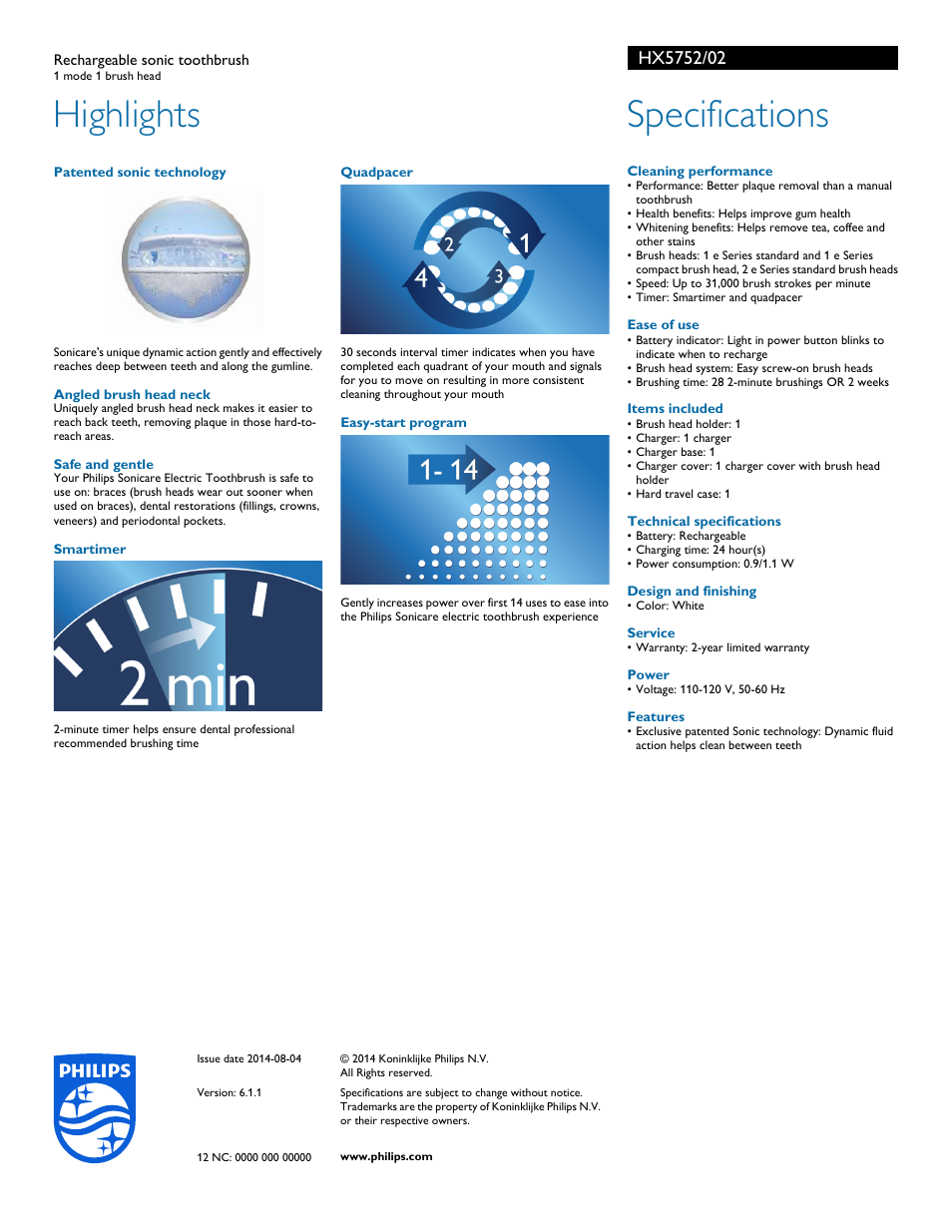 Highlights, Specifications | Philips HX5752-02 User Manual | Page 2 / 2