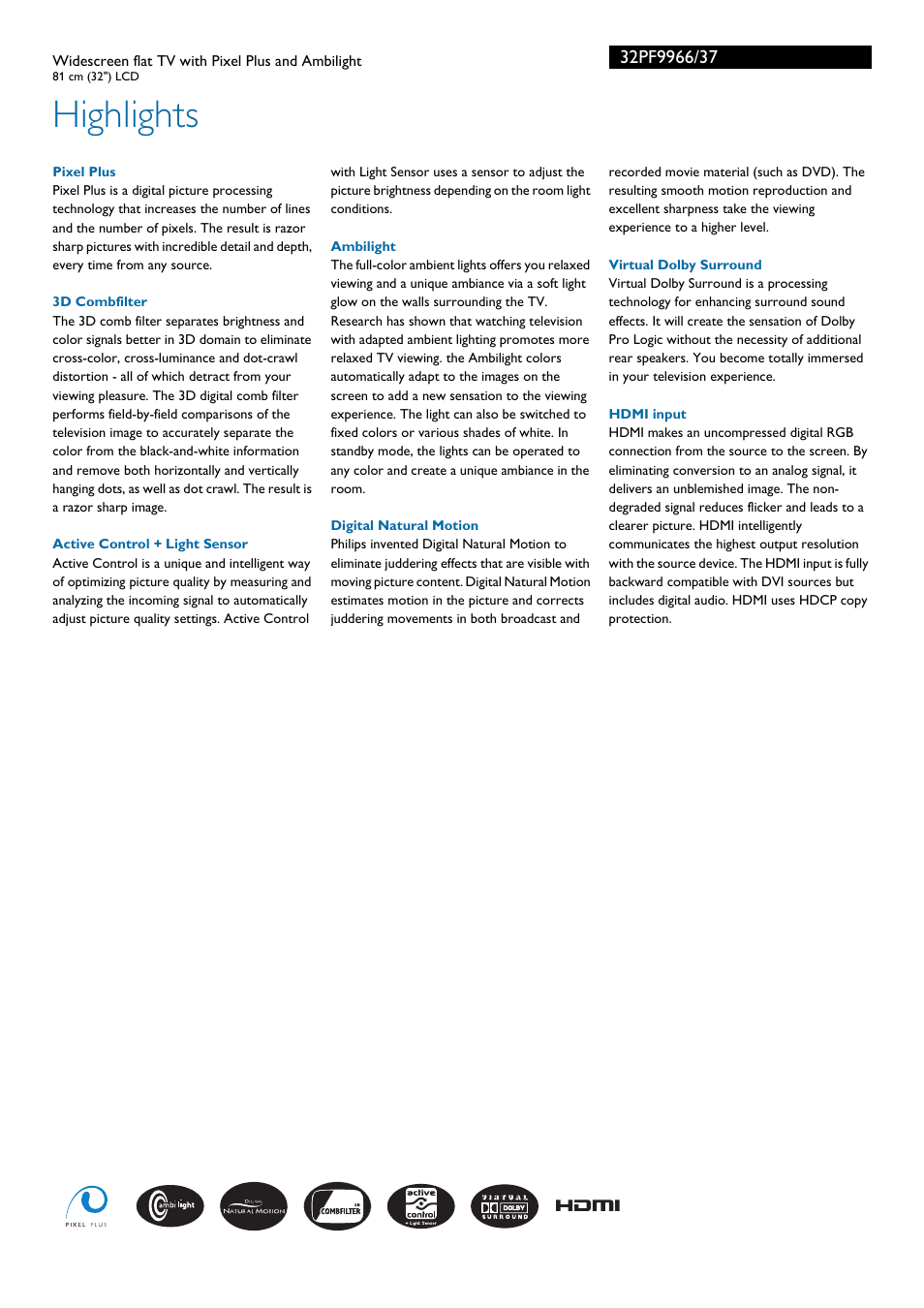 Highlights | Philips 32PF9966-37 User Manual | Page 2 / 3