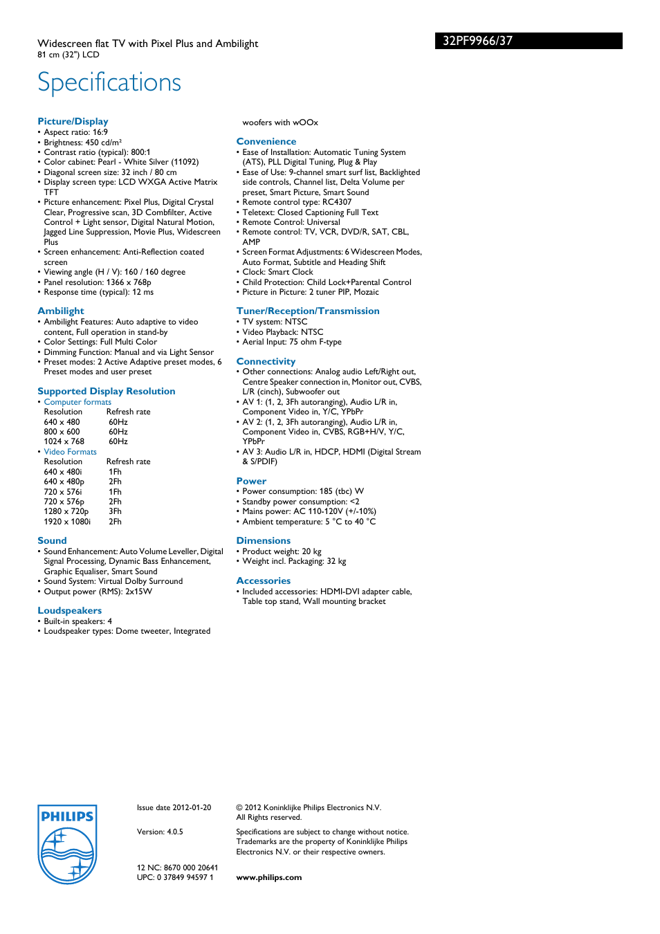 Specifications | Philips 32PF9966-37 User Manual | Page 3 / 3