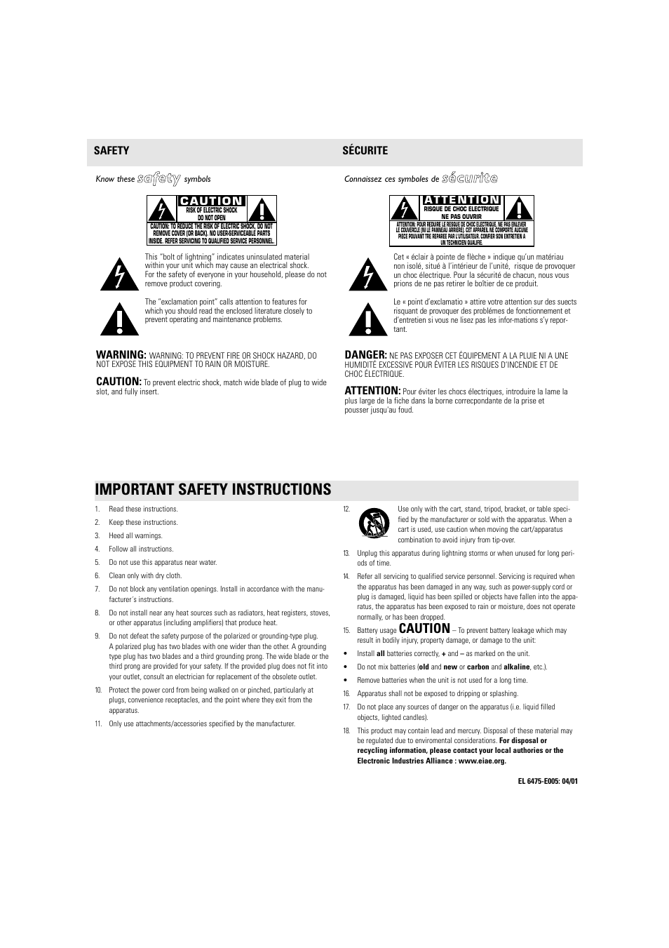 Ssa affe etty y, Ssé éccu urriitte e, Important safety instructions | Caution | Philips AJ3125-37 User Manual | Page 2 / 4