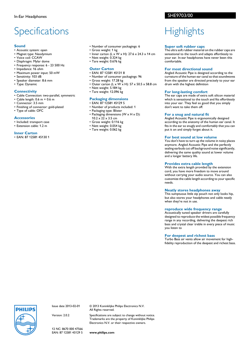 Specifications, Highlights | Philips SHE9703-00 User Manual | Page 2 / 2