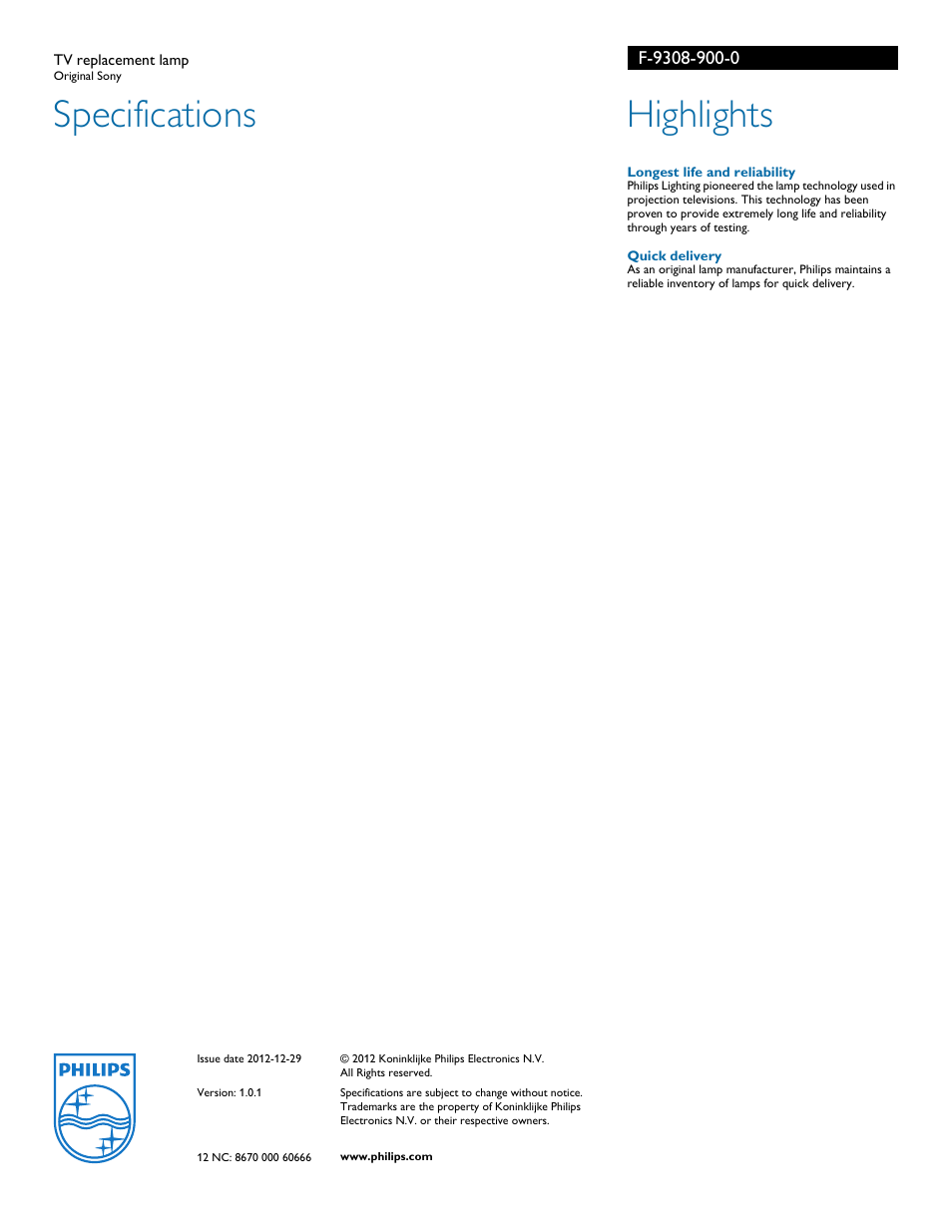 Specifications, Highlights | Philips F-9308-900-0 User Manual | Page 2 / 2