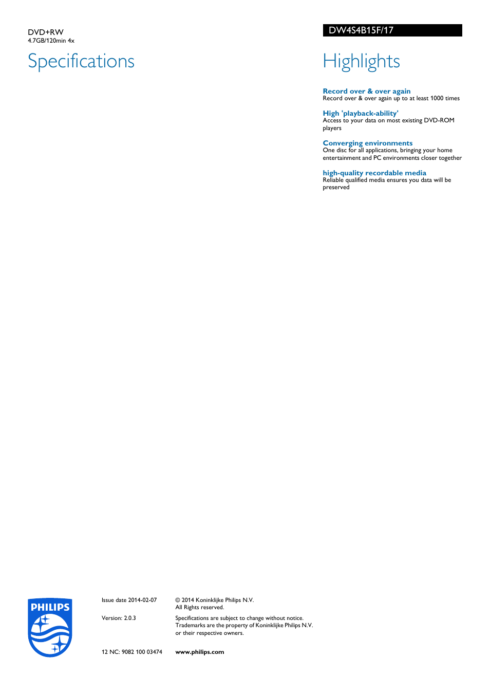 Specifications, Highlights | Philips DW4S4B15F-17 User Manual | Page 2 / 2