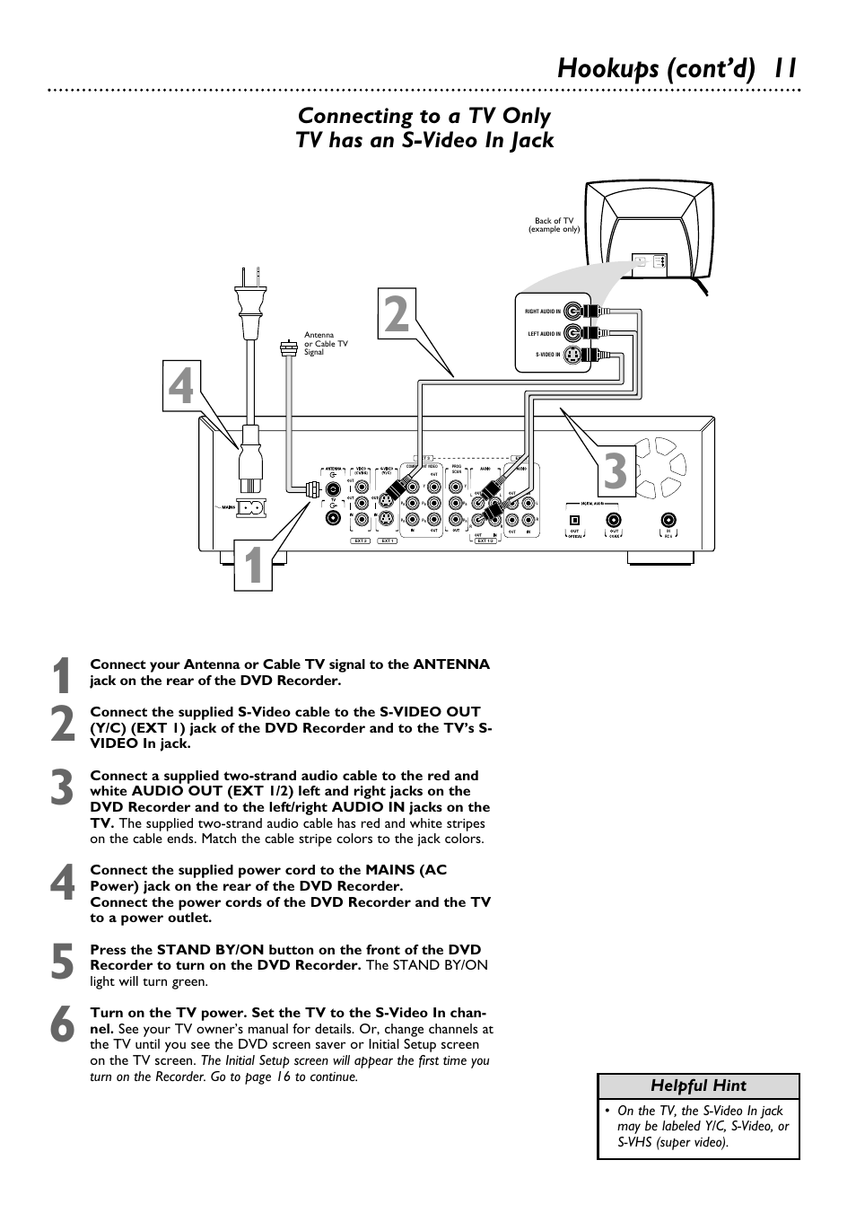 Hookups (cont’d) 11, Connecting to a tv only tv has an s-video in jack | Philips DVDR100099 User Manual | Page 11 / 68