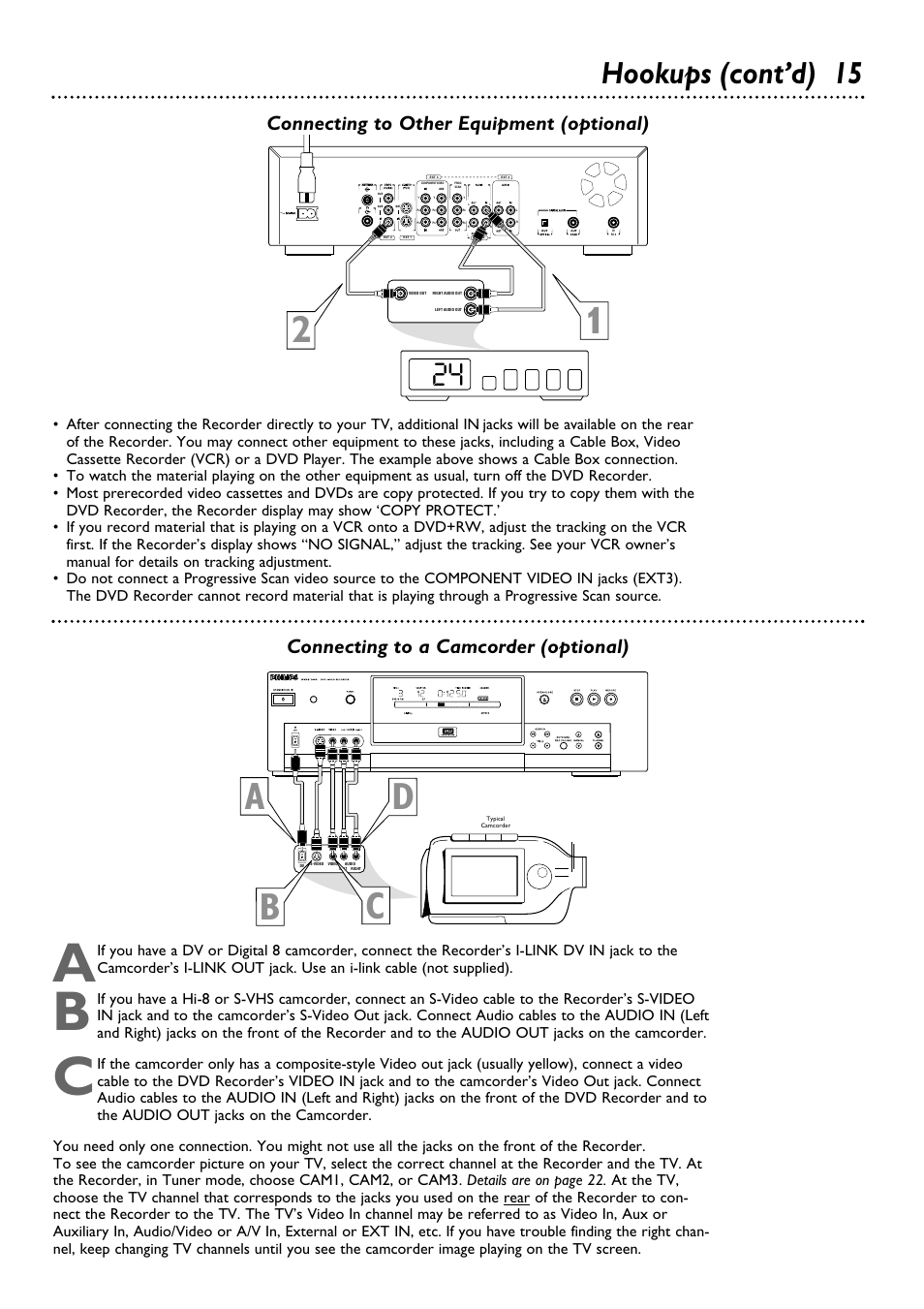 Cd b a, Hookups (cont’d) 15, Connecting to other equipment (optional) | Connecting to a camcorder (optional) | Philips DVDR100099 User Manual | Page 15 / 68