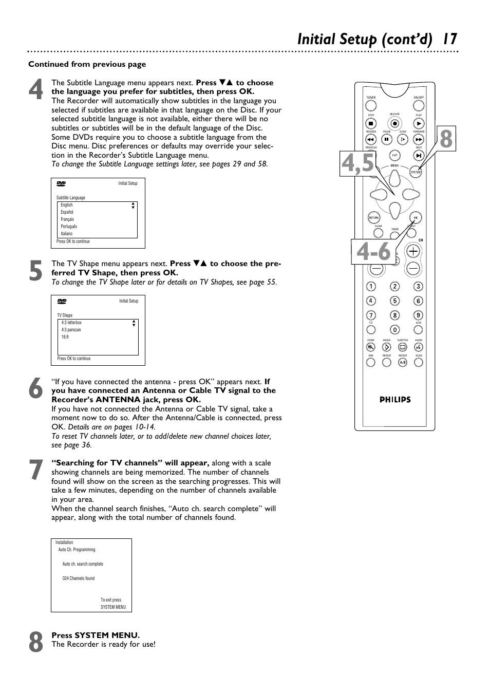 Initial setup (cont’d) 17 | Philips DVDR100099 User Manual | Page 17 / 68