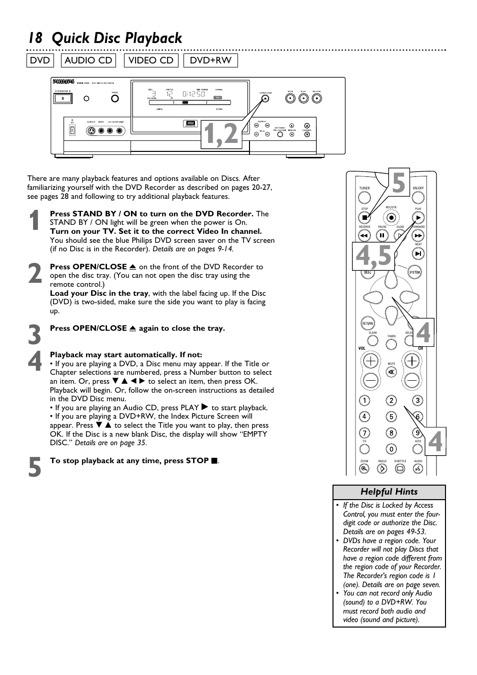 18 quick disc playback | Philips DVDR100099 User Manual | Page 18 / 68