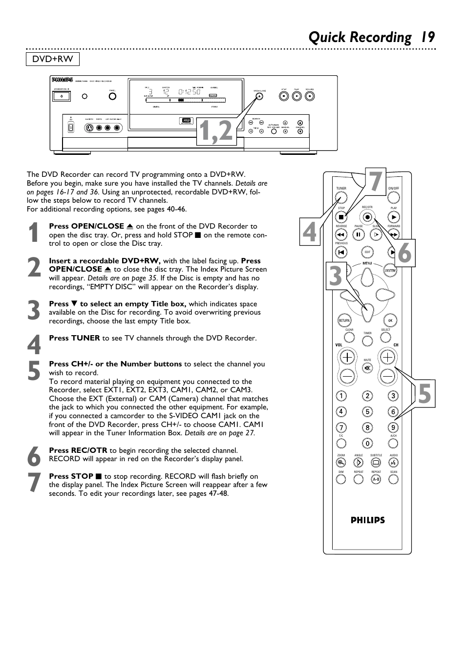 Quick recording 19 | Philips DVDR100099 User Manual | Page 19 / 68