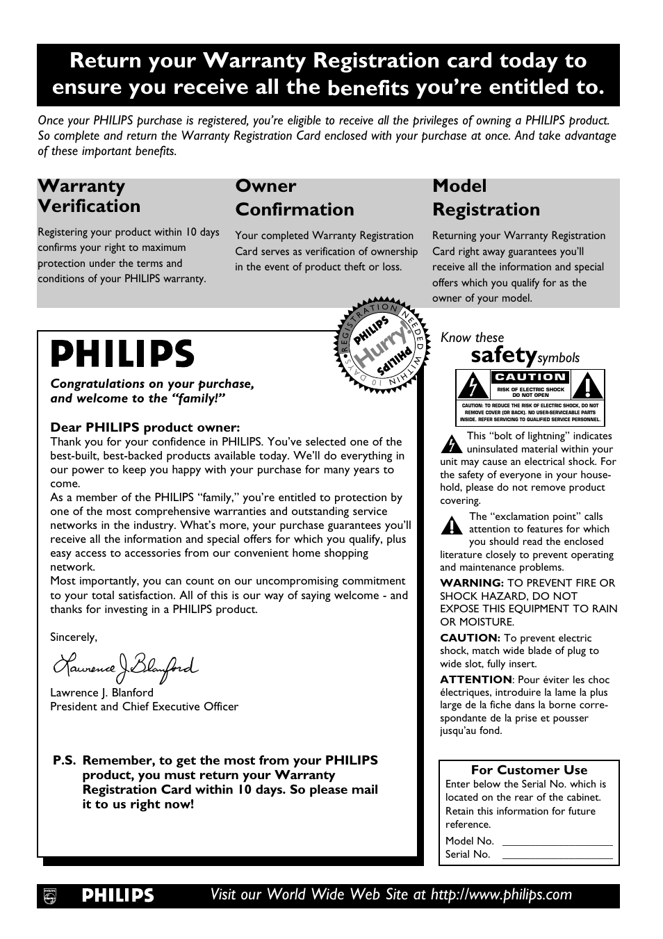 Safety, Hurry, Warranty verification | Owner confirmation, Model registration, Know these, Symbols | Philips DVDR100099 User Manual | Page 2 / 68