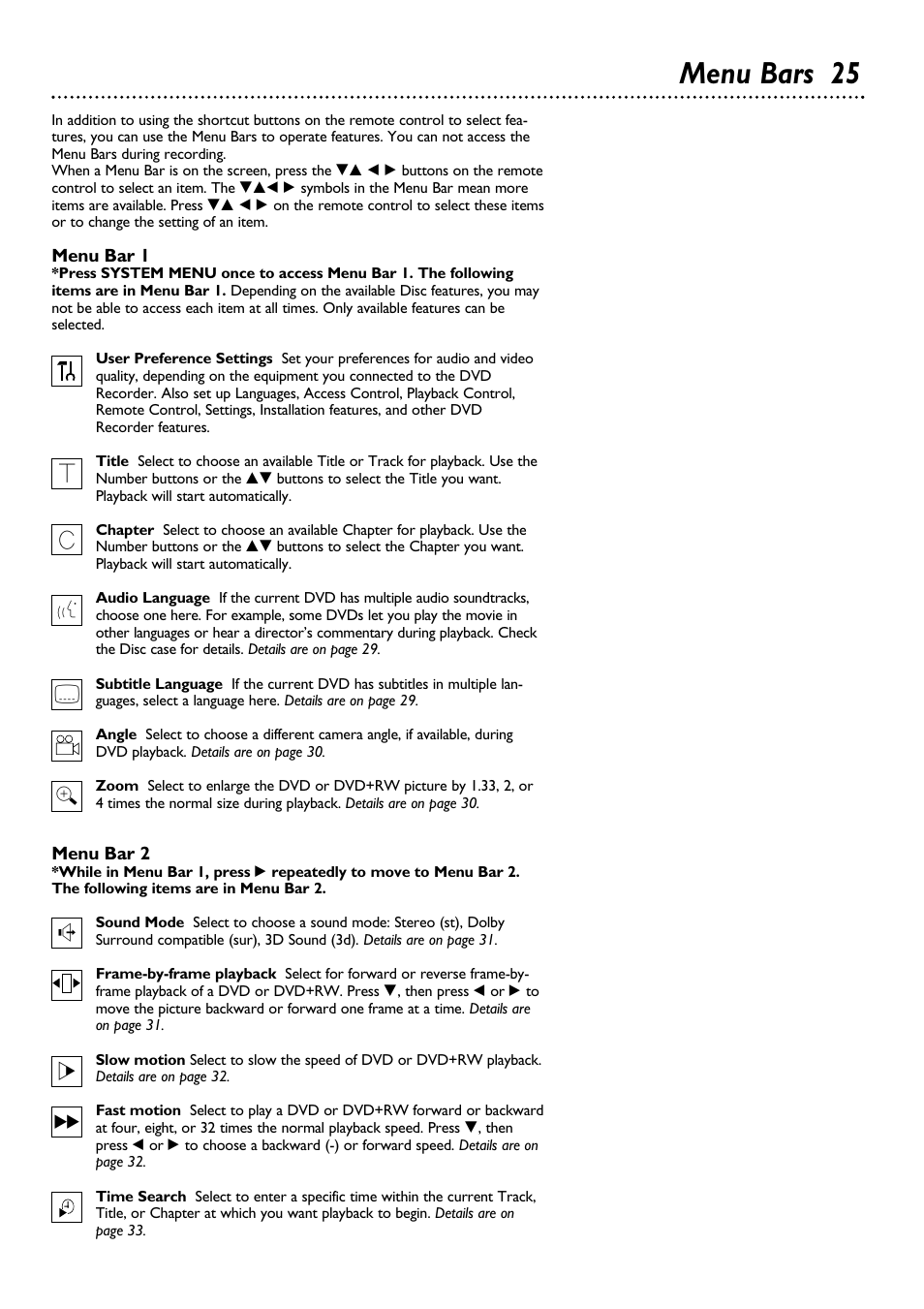 Menu bars 25 | Philips DVDR100099 User Manual | Page 25 / 68