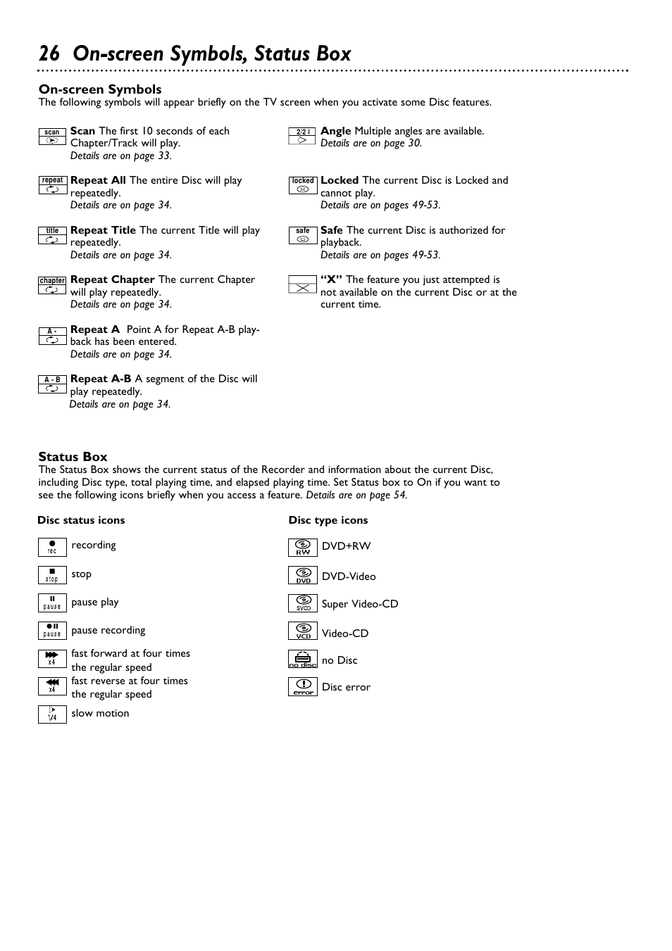 26 on-screen symbols, status box, Status box, On-screen symbols | Philips DVDR100099 User Manual | Page 26 / 68