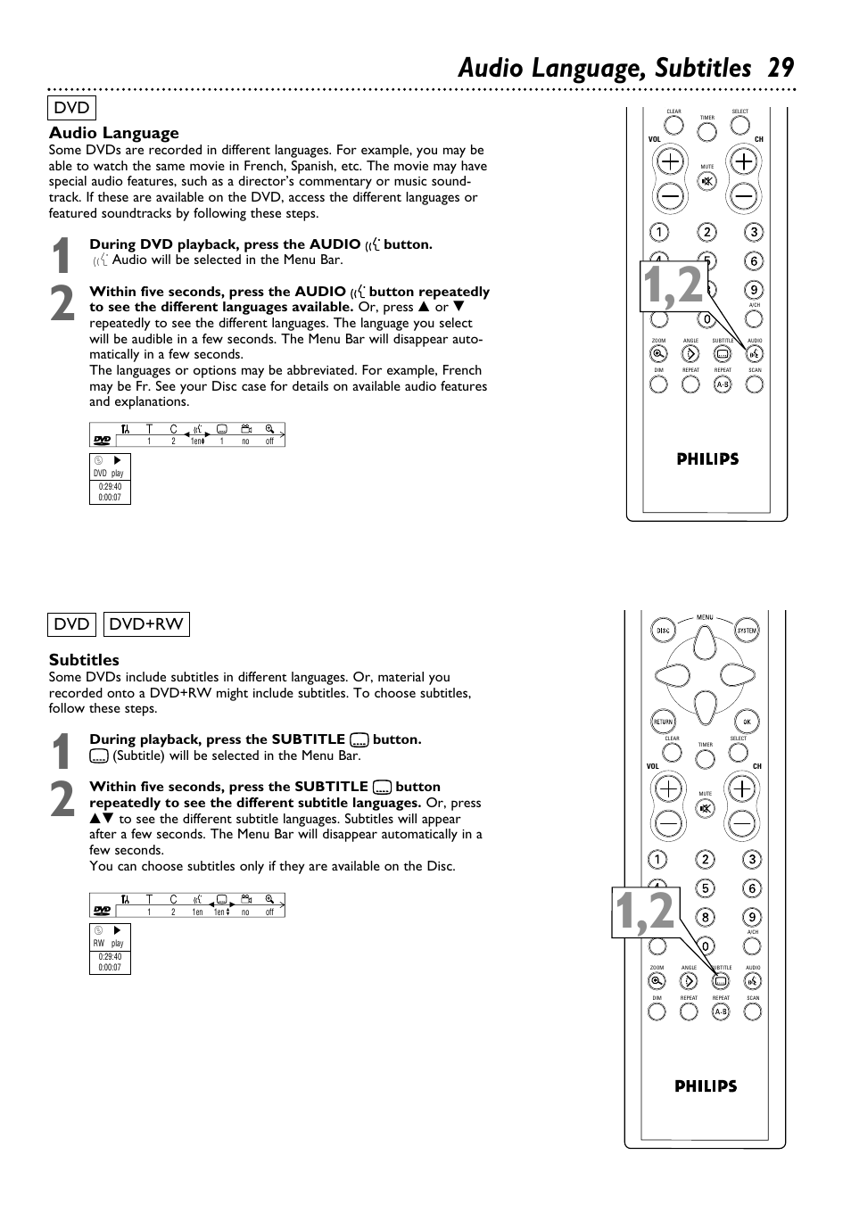 Audio language, subtitles 29, Audio language, Dvd subtitles | Dvd+rw | Philips DVDR100099 User Manual | Page 29 / 68