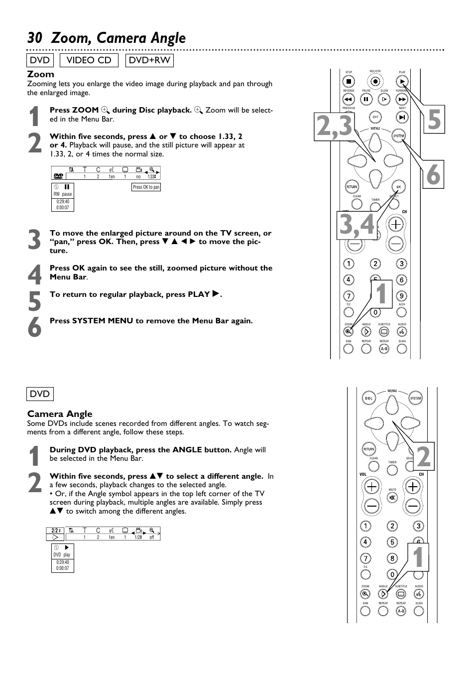 30 zoom, camera angle | Philips DVDR100099 User Manual | Page 30 / 68