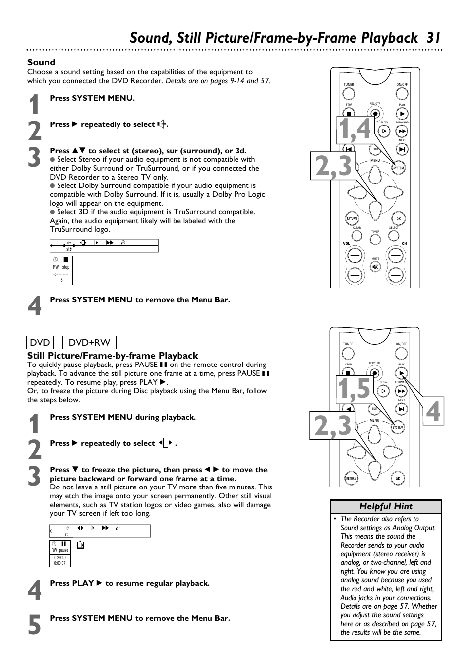 Sound, still picture/frame-by-frame playback 31 | Philips DVDR100099 User Manual | Page 31 / 68