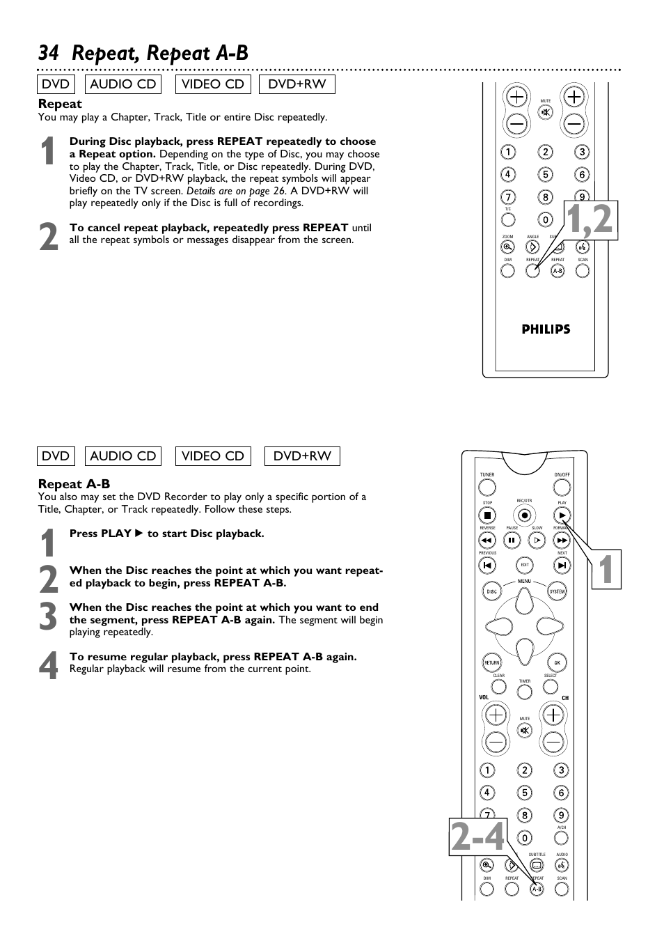 34 repeat, repeat a-b | Philips DVDR100099 User Manual | Page 34 / 68