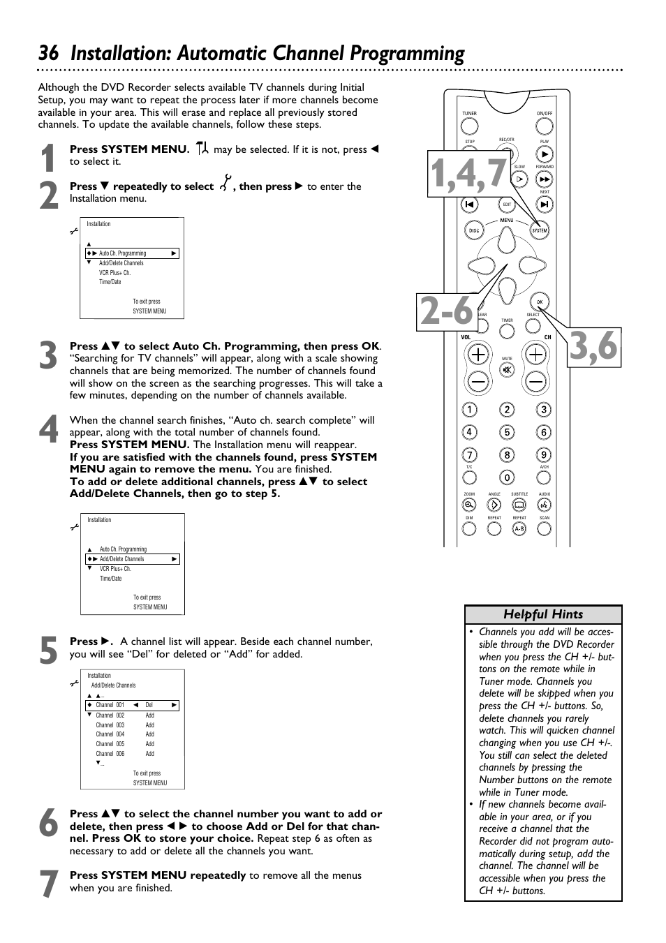 36 installation: automatic channel programming, Helpful hints | Philips DVDR100099 User Manual | Page 36 / 68