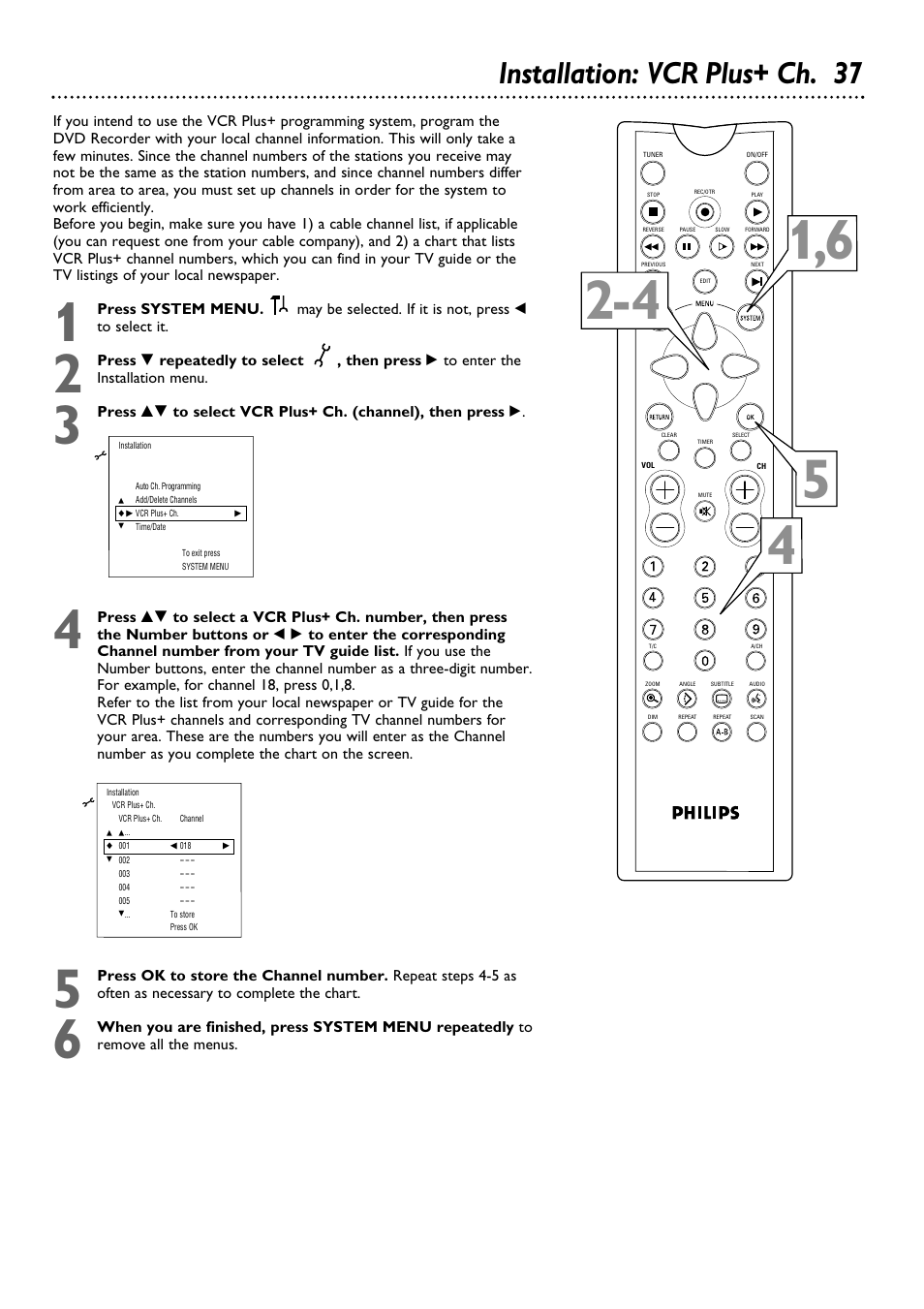 Installation: vcr plus+ ch. 37 | Philips DVDR100099 User Manual | Page 37 / 68