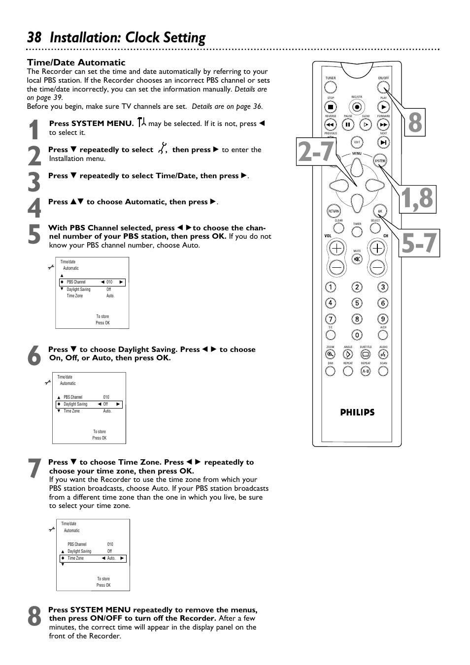 38 installation: clock setting, Time/date automatic | Philips DVDR100099 User Manual | Page 38 / 68