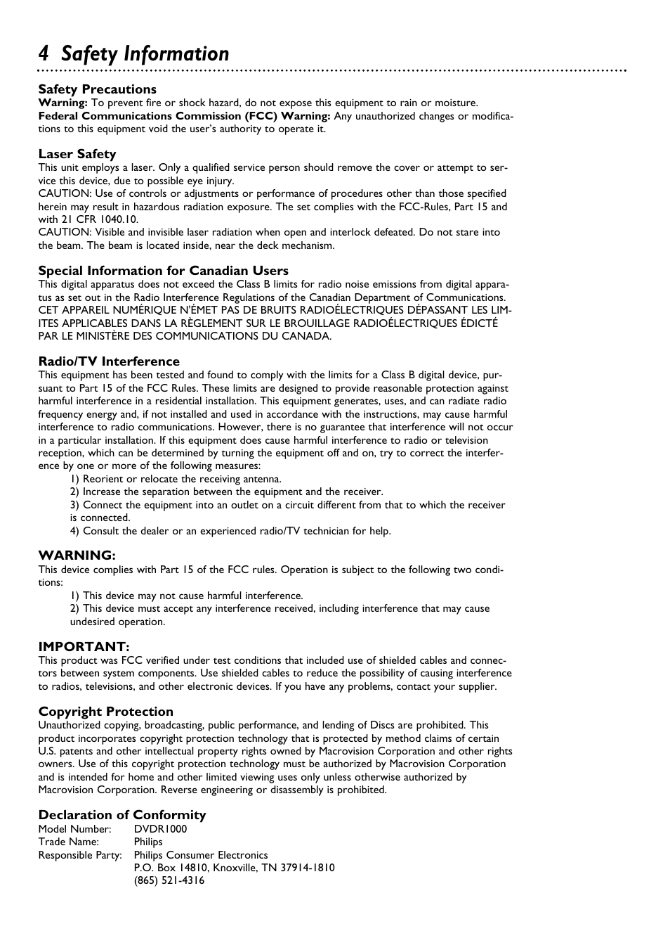 4 safety information | Philips DVDR100099 User Manual | Page 4 / 68