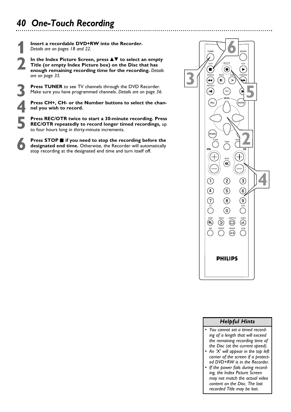 40 one-touch recording | Philips DVDR100099 User Manual | Page 40 / 68