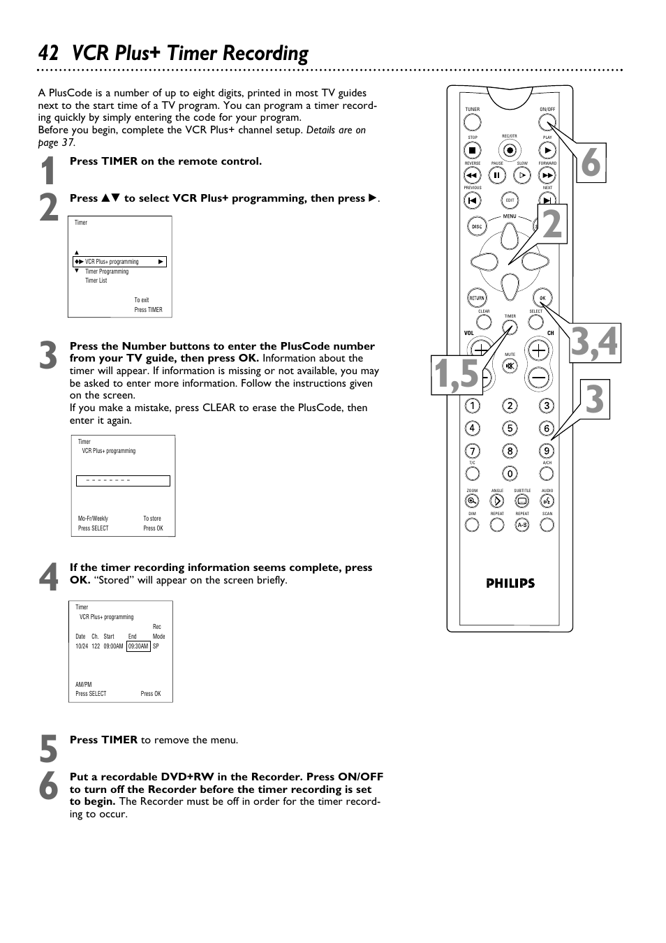 42 vcr plus+ timer recording | Philips DVDR100099 User Manual | Page 42 / 68