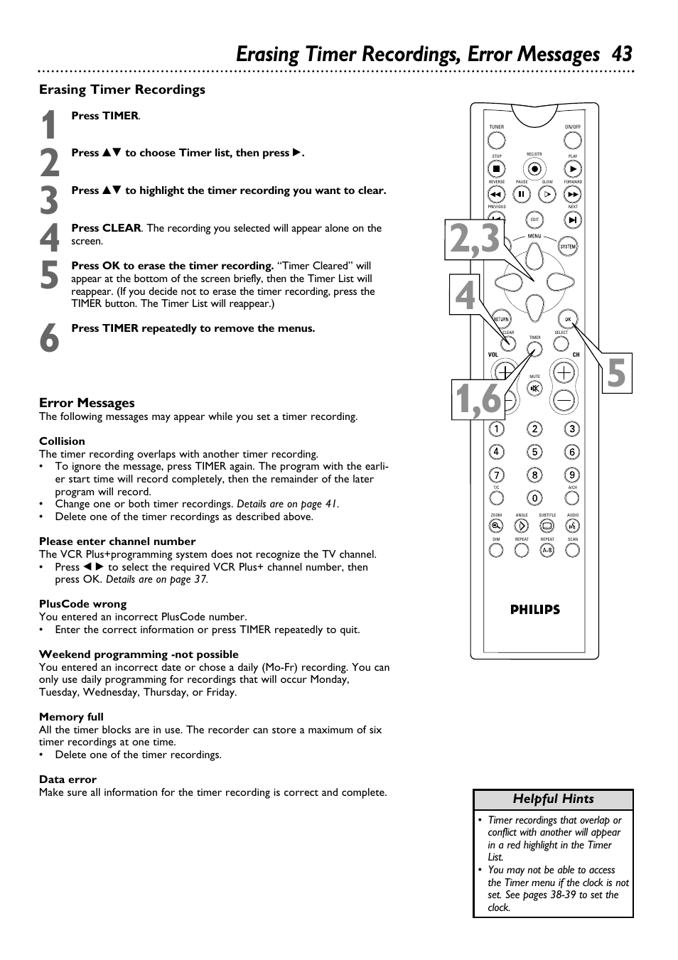 Erasing timer recordings, error messages 43 | Philips DVDR100099 User Manual | Page 43 / 68