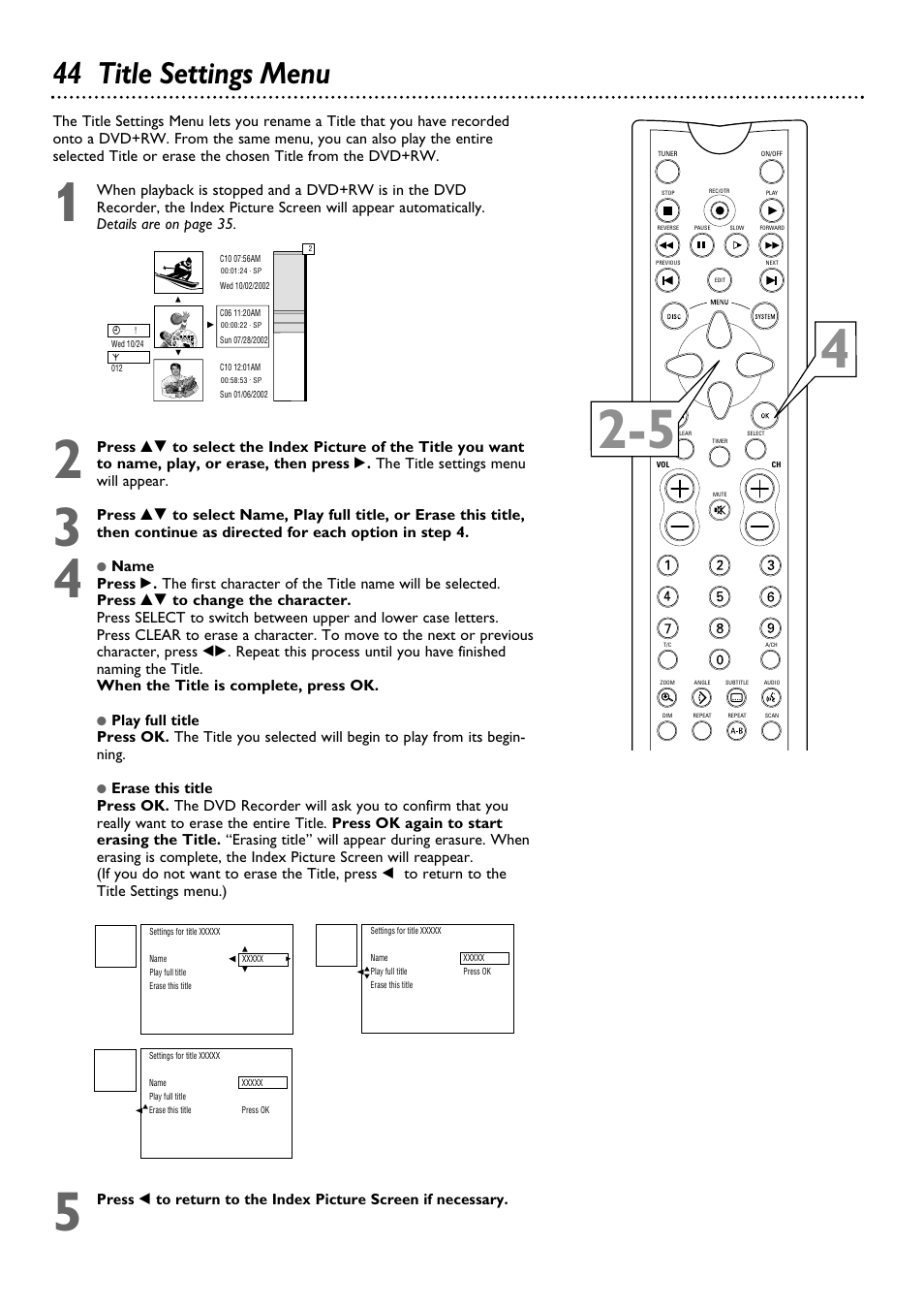 44 title settings menu | Philips DVDR100099 User Manual | Page 44 / 68