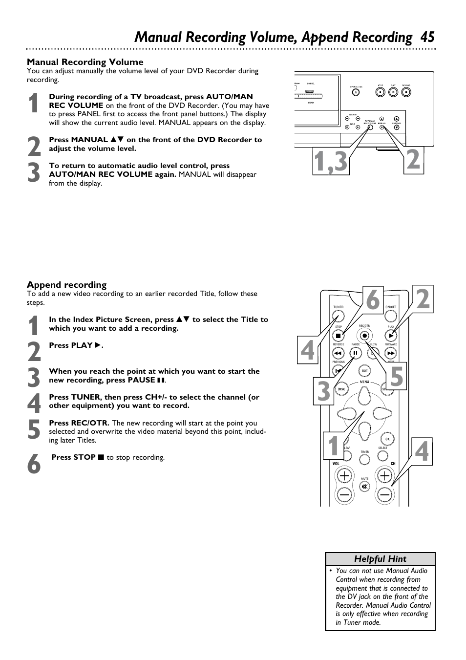 Manual recording volume, append recording 45 | Philips DVDR100099 User Manual | Page 45 / 68