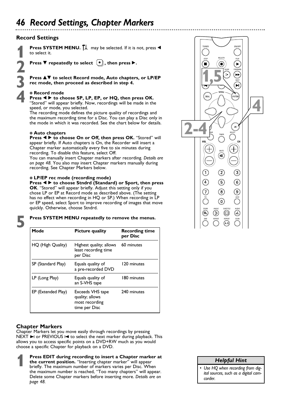 46 record settings, chapter markers | Philips DVDR100099 User Manual | Page 46 / 68