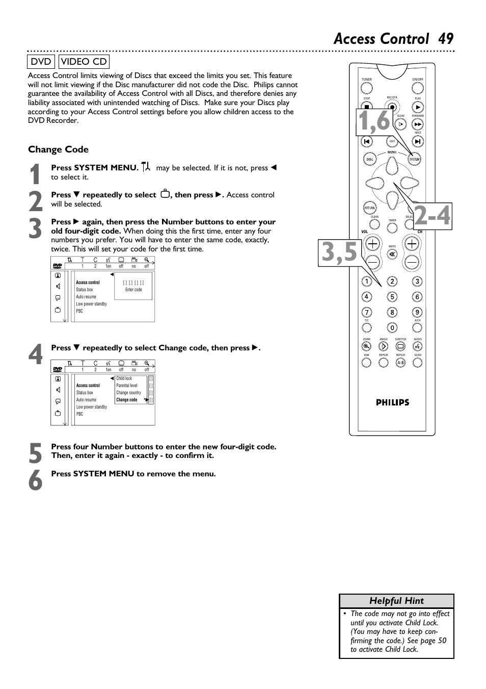 Access control 49, Change code, Dvd video cd | Helpful hint | Philips DVDR100099 User Manual | Page 49 / 68