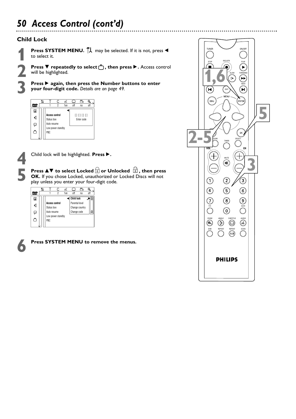 50 access control (cont’d), Child lock | Philips DVDR100099 User Manual | Page 50 / 68