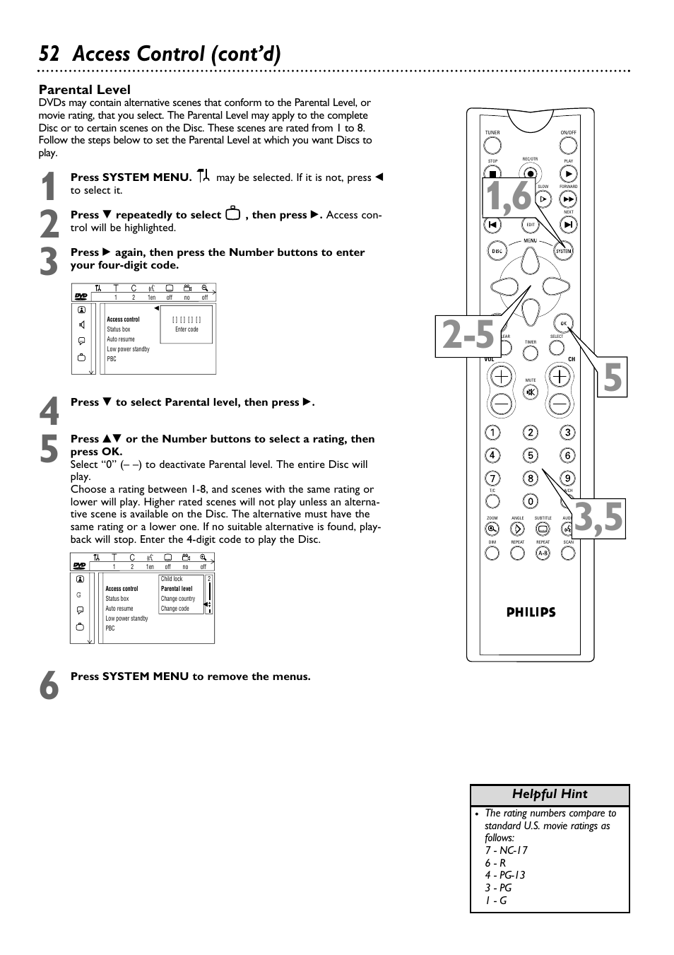 52 access control (cont’d), Parental level, Helpful hint | Philips DVDR100099 User Manual | Page 52 / 68