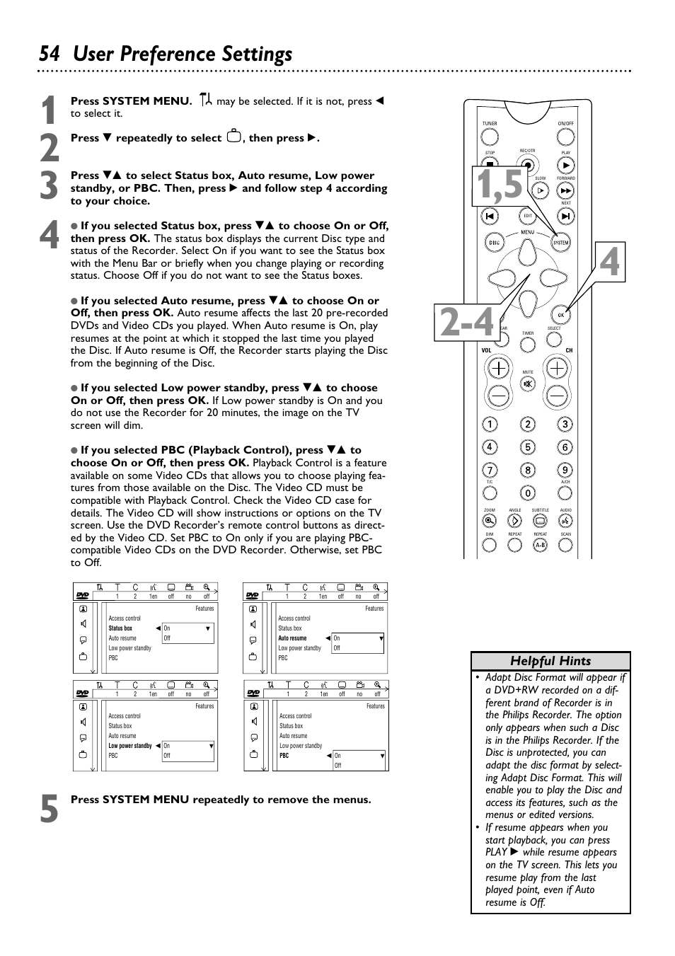 54 user preference settings, Helpful hints, Press 9 repeatedly to select , then press | Philips DVDR100099 User Manual | Page 54 / 68