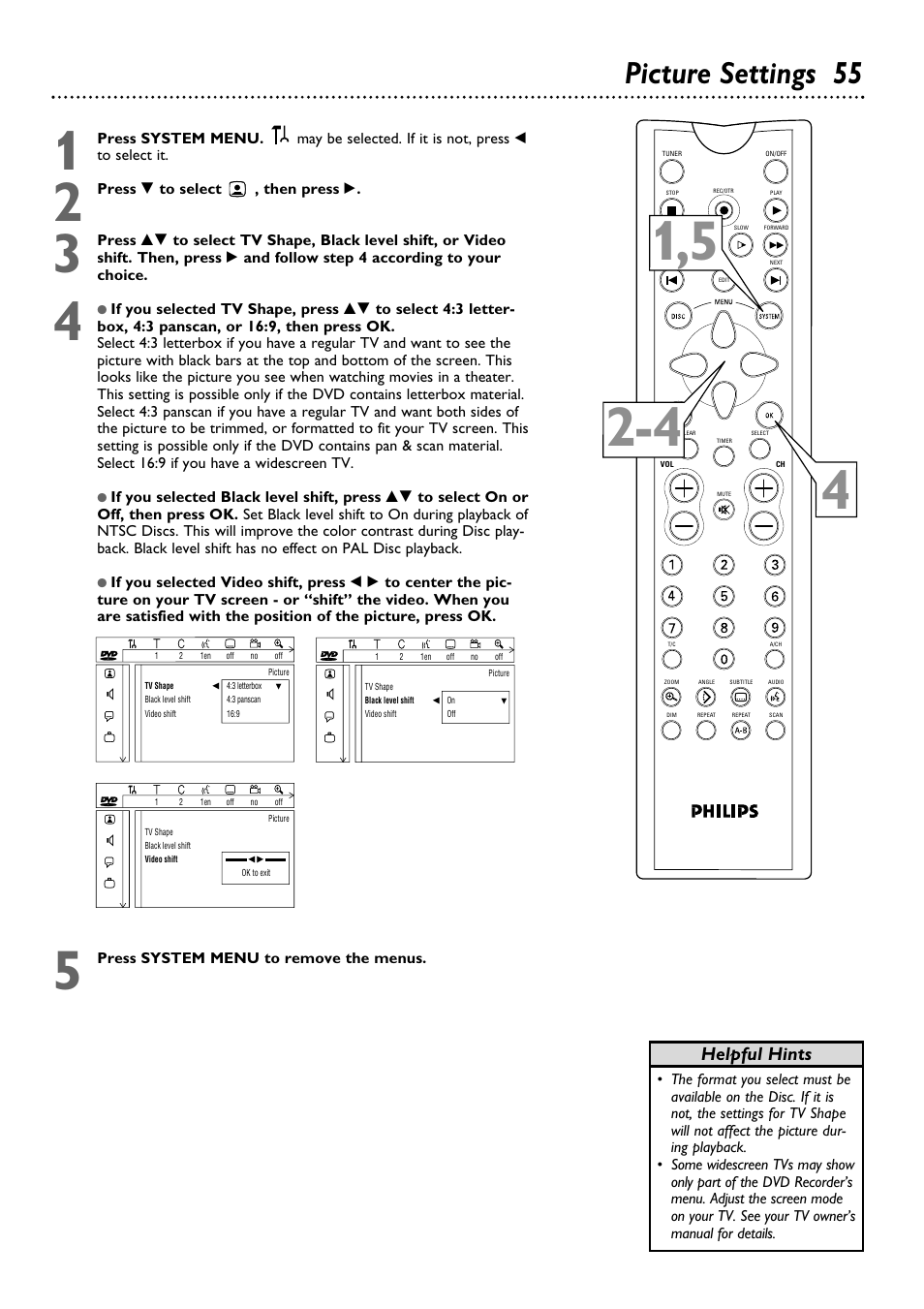 Picture settings 55, Helpful hints | Philips DVDR100099 User Manual | Page 55 / 68