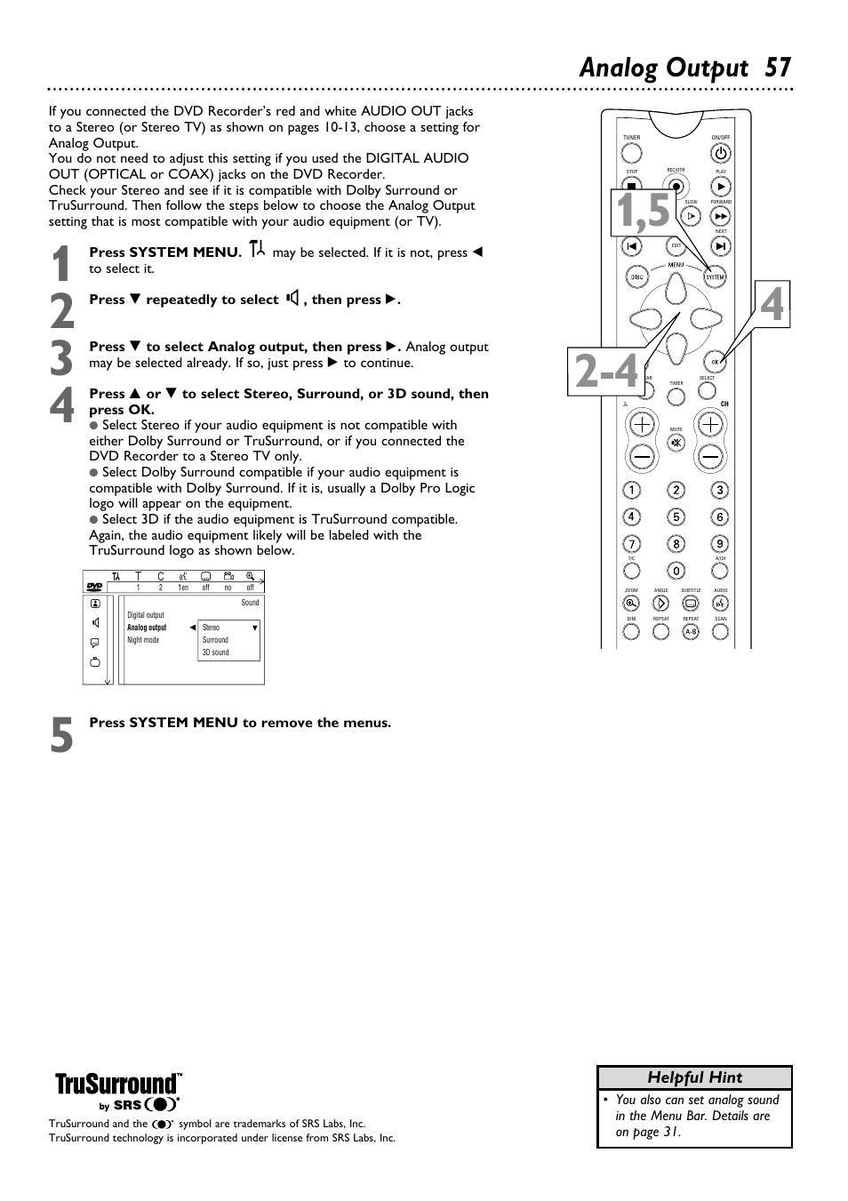 Analog output 57, Helpful hint | Philips DVDR100099 User Manual | Page 57 / 68