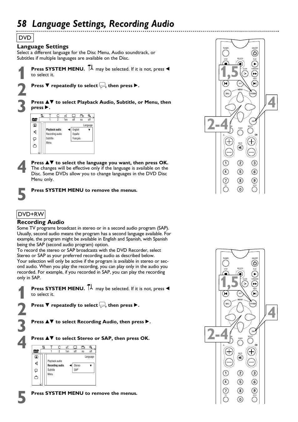 58 language settings, recording audio, Language settings, Dvd dvd+rw recording audio | Philips DVDR100099 User Manual | Page 58 / 68