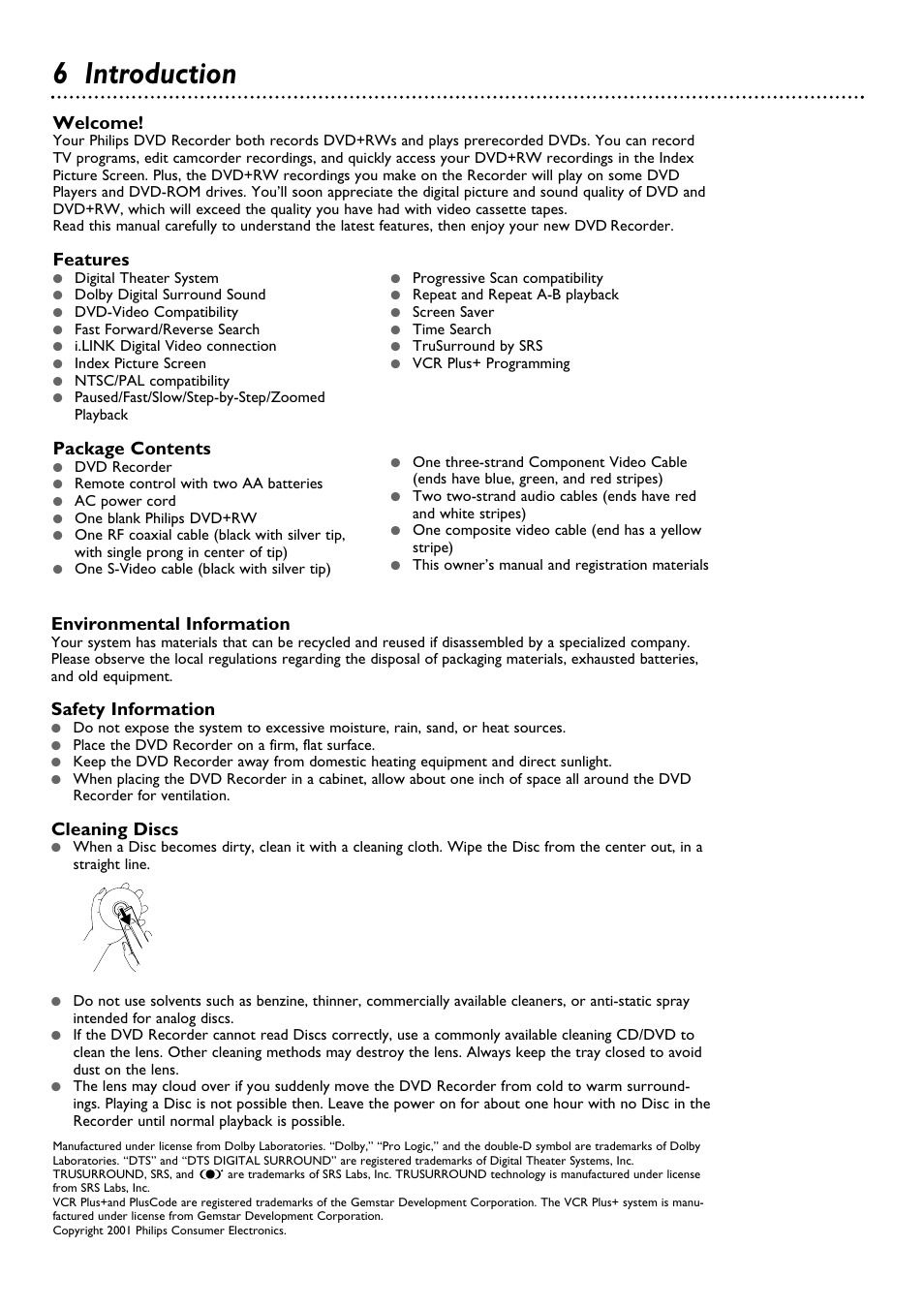6 introduction, Welcome, Features | Package contents, Environmental information, Safety information, Cleaning discs | Philips DVDR100099 User Manual | Page 6 / 68