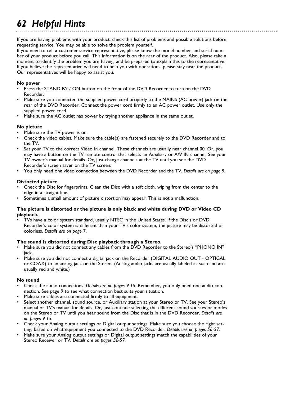 62 helpful hints | Philips DVDR100099 User Manual | Page 62 / 68