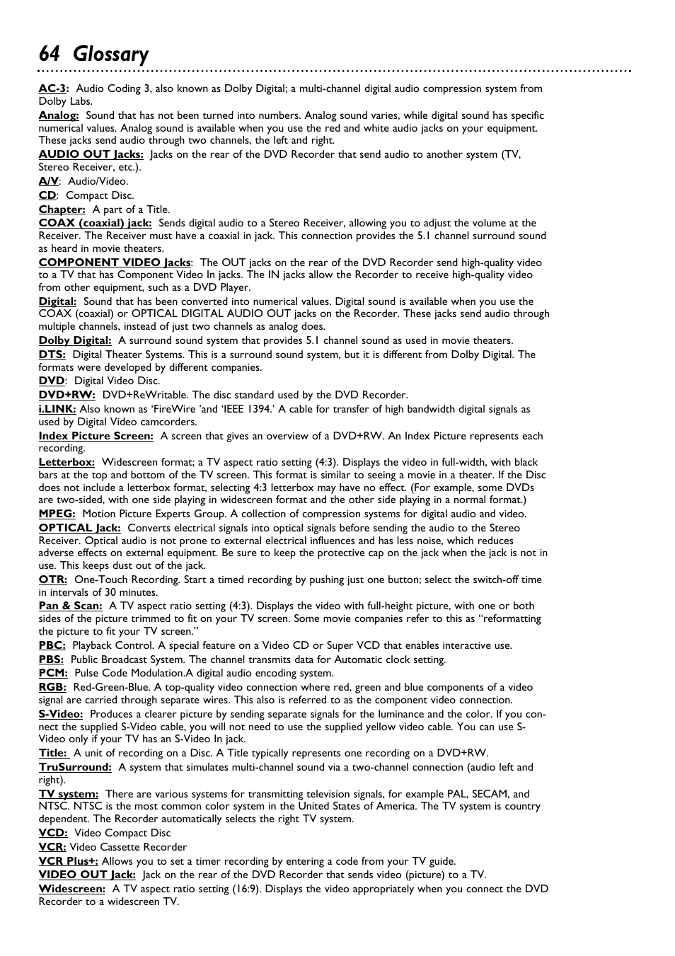 64 glossary | Philips DVDR100099 User Manual | Page 64 / 68